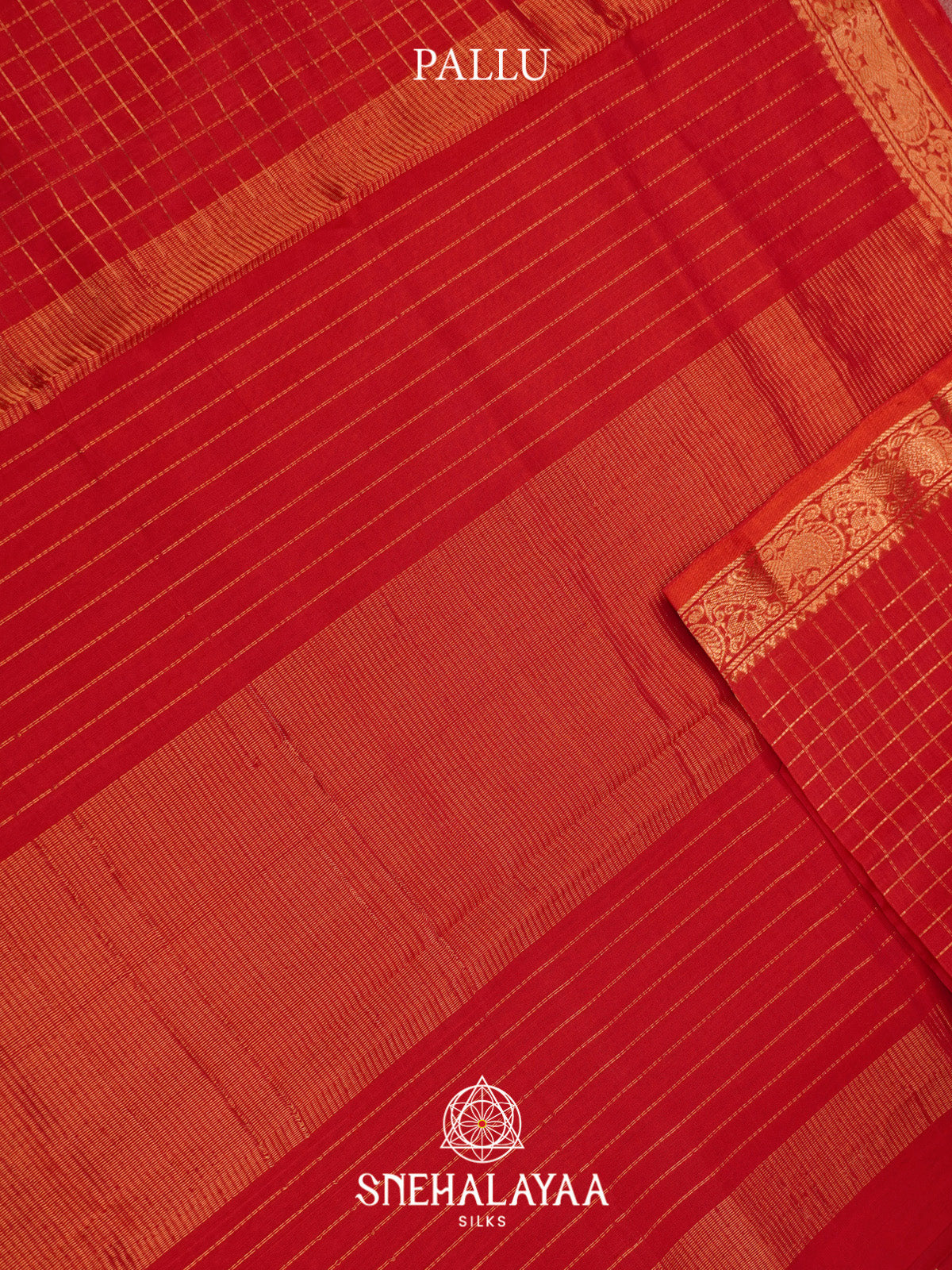 Red Checks Silk Cotton Saree with Gold Zari Border