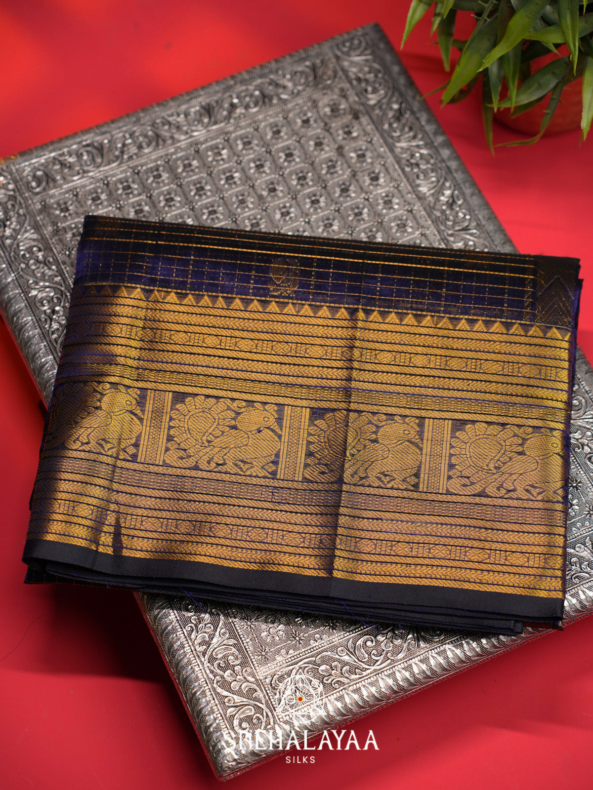 Royal Blue Checks Silk Cotton Saree with Gold Zari Border