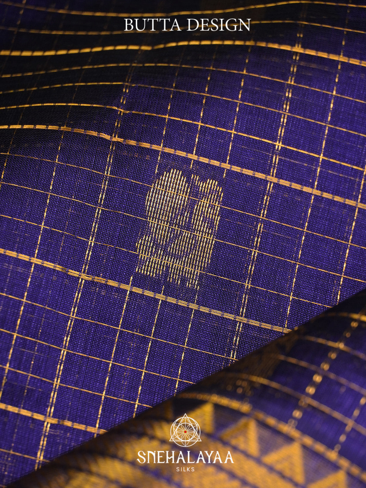 Royal Blue Checks Silk Cotton Saree with Gold Zari Border