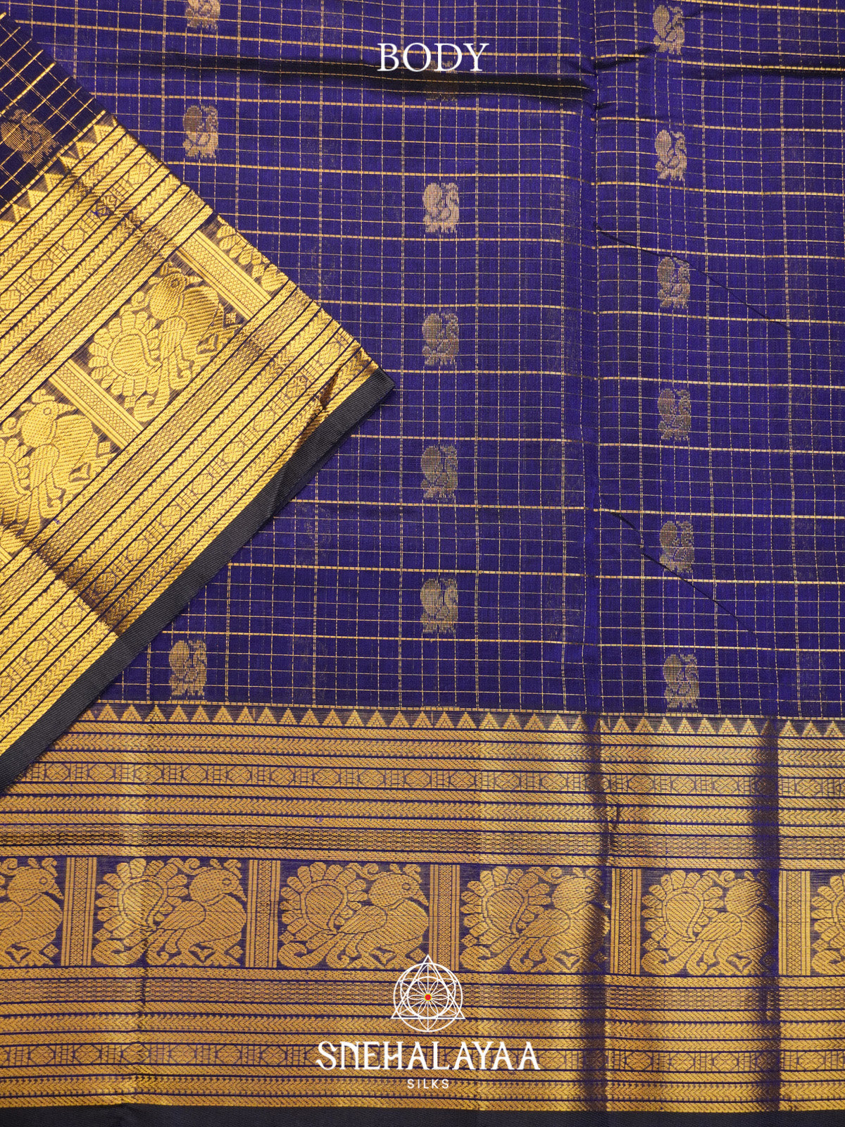 Royal Blue Checks Silk Cotton Saree with Gold Zari Border