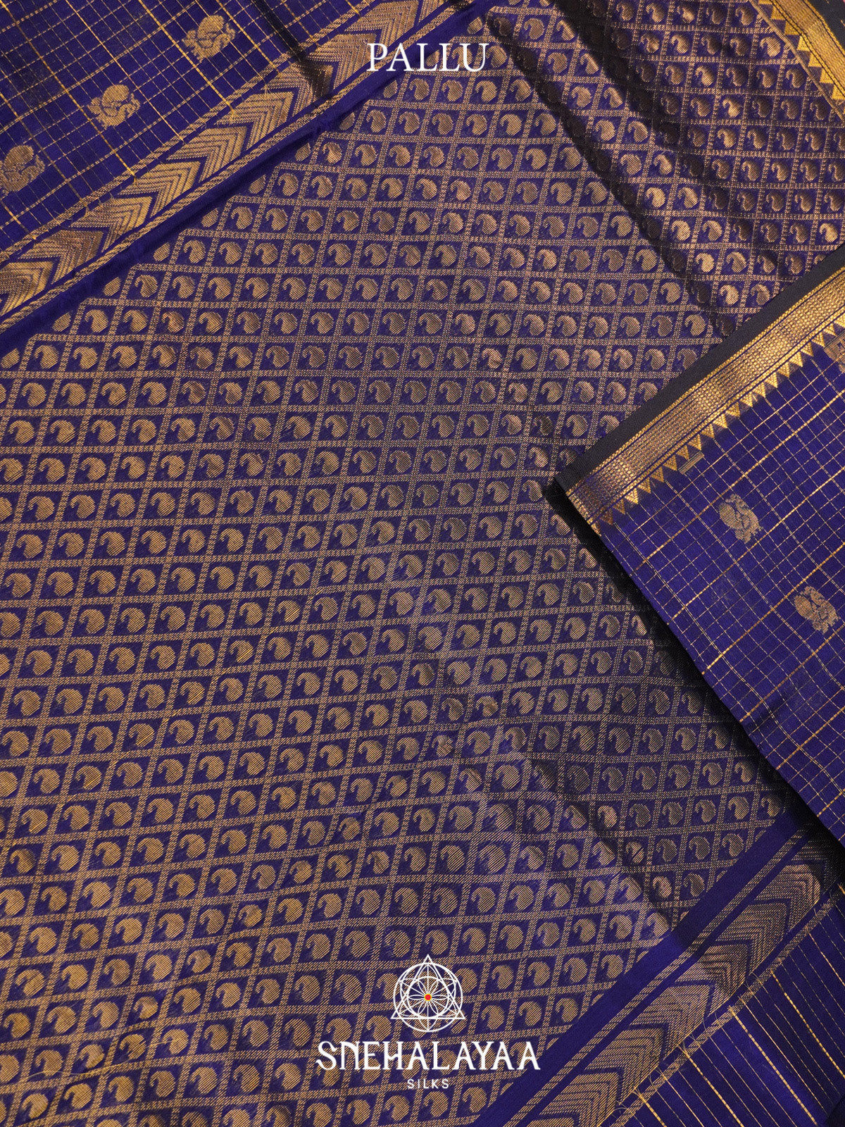 Royal Blue Checks Silk Cotton Saree with Gold Zari Border