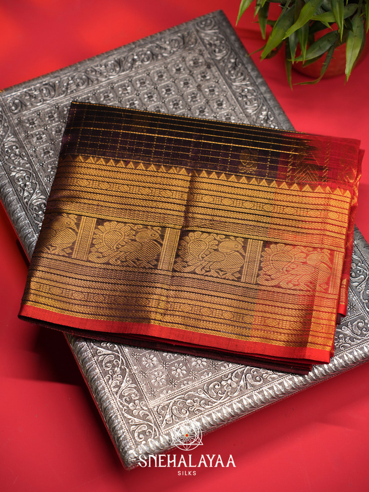 Maroon Checks Silk Cotton Saree with Gold Zari Border
