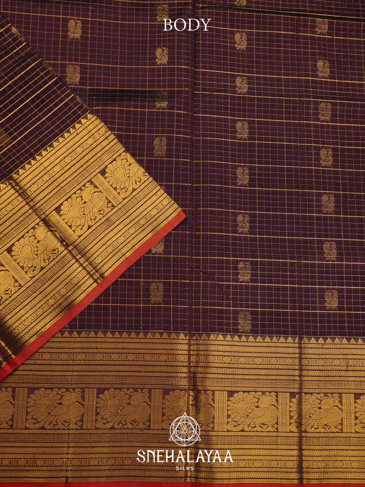 Maroon Checks Silk Cotton Saree with Gold Zari Border