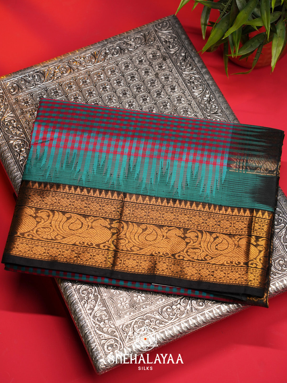 Turquoise Blue and Red Checks Silk Cotton Saree with Gold Zari Border