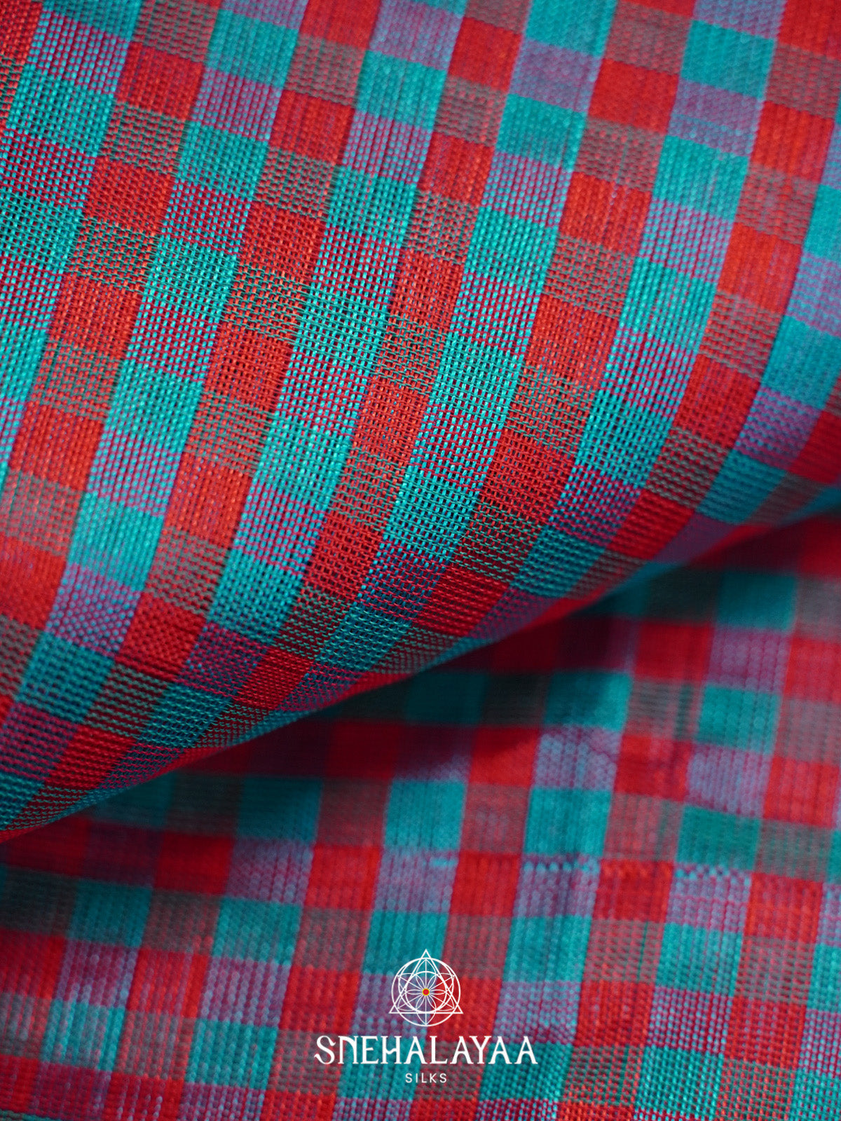 Turquoise Blue and Red Checks Silk Cotton Saree with Gold Zari Border