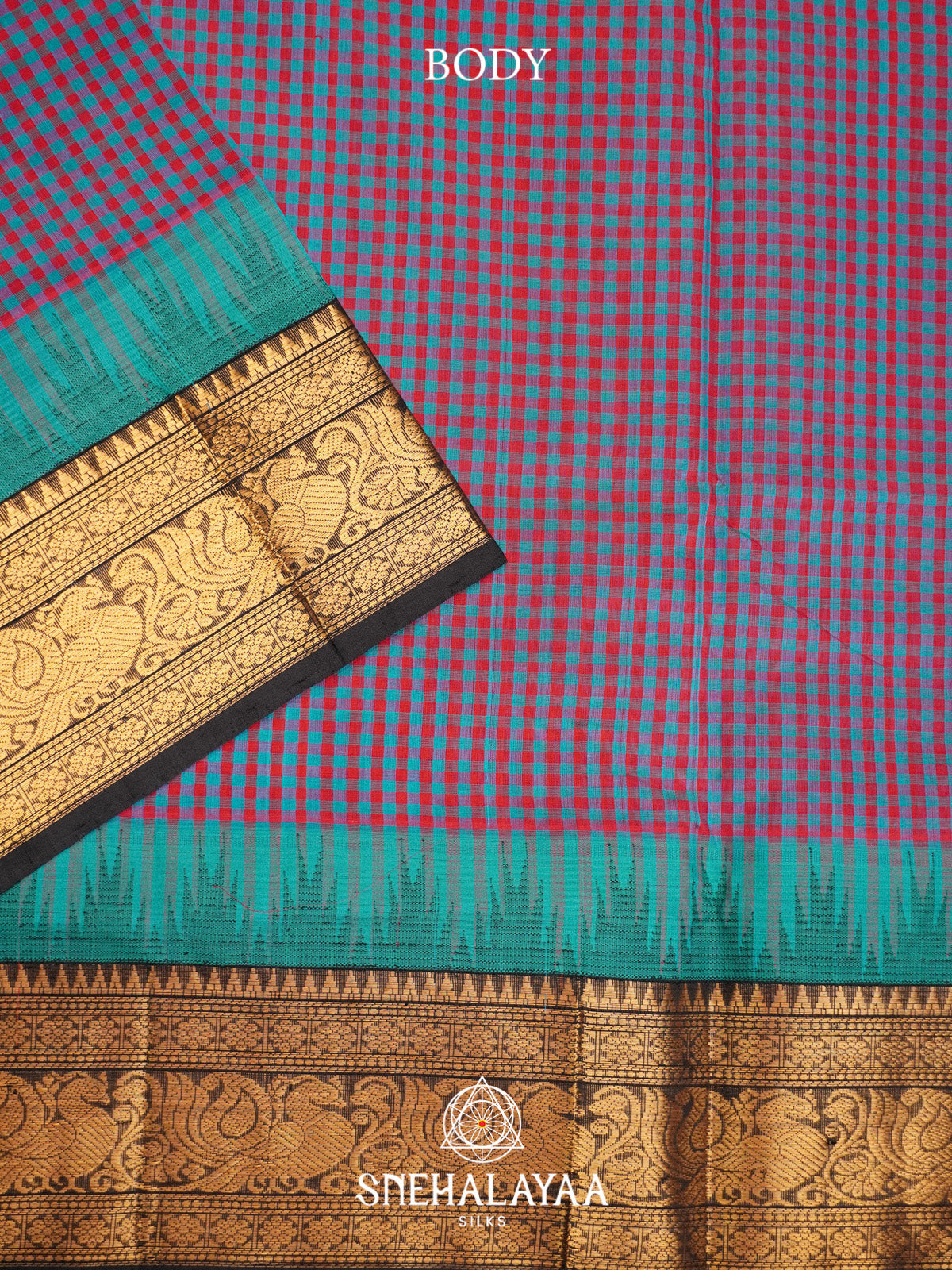 Turquoise Blue and Red Checks Silk Cotton Saree with Gold Zari Border