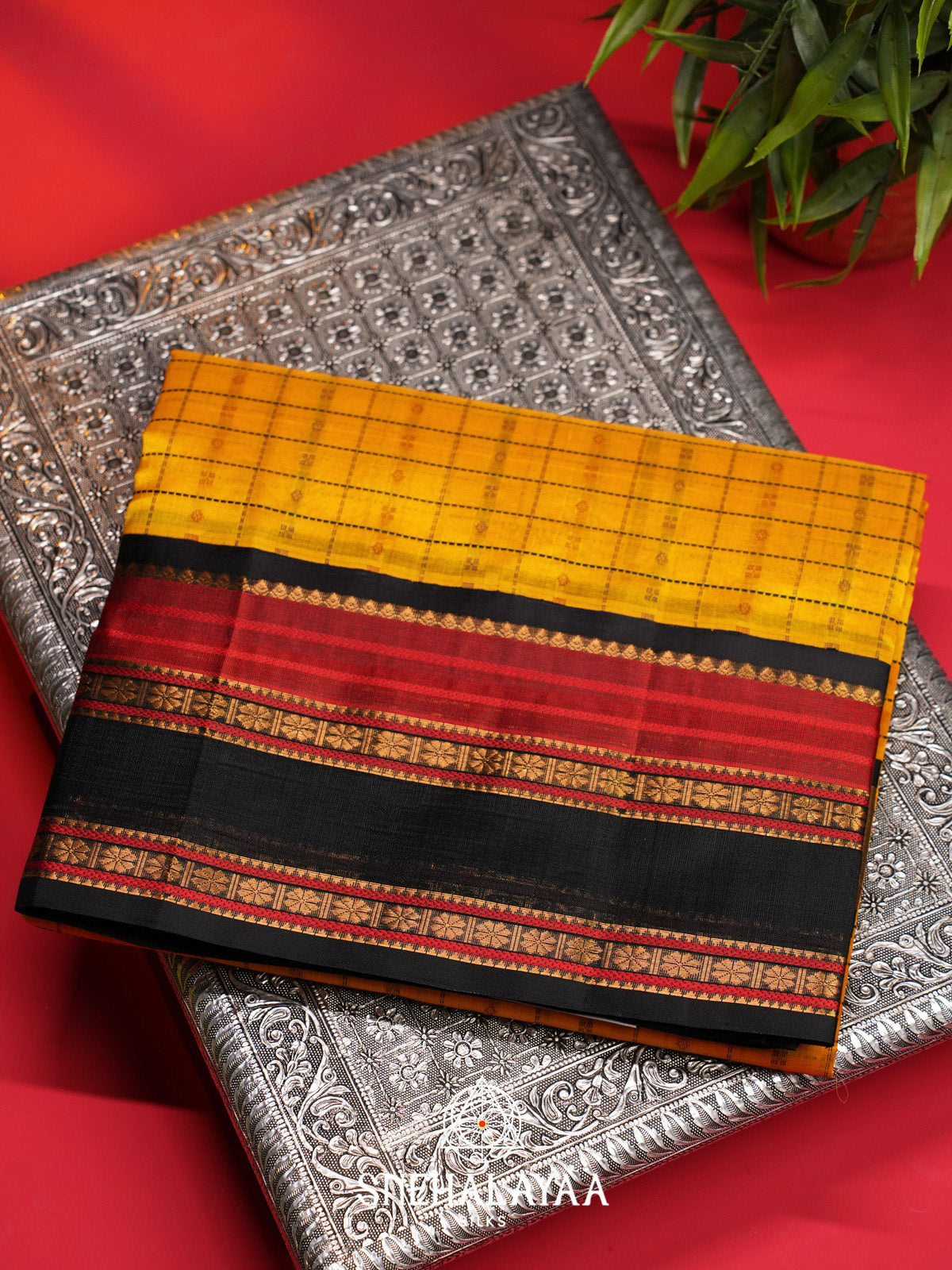 Mustard Yellow Checks Silk Cotton Saree with Black and Red Border