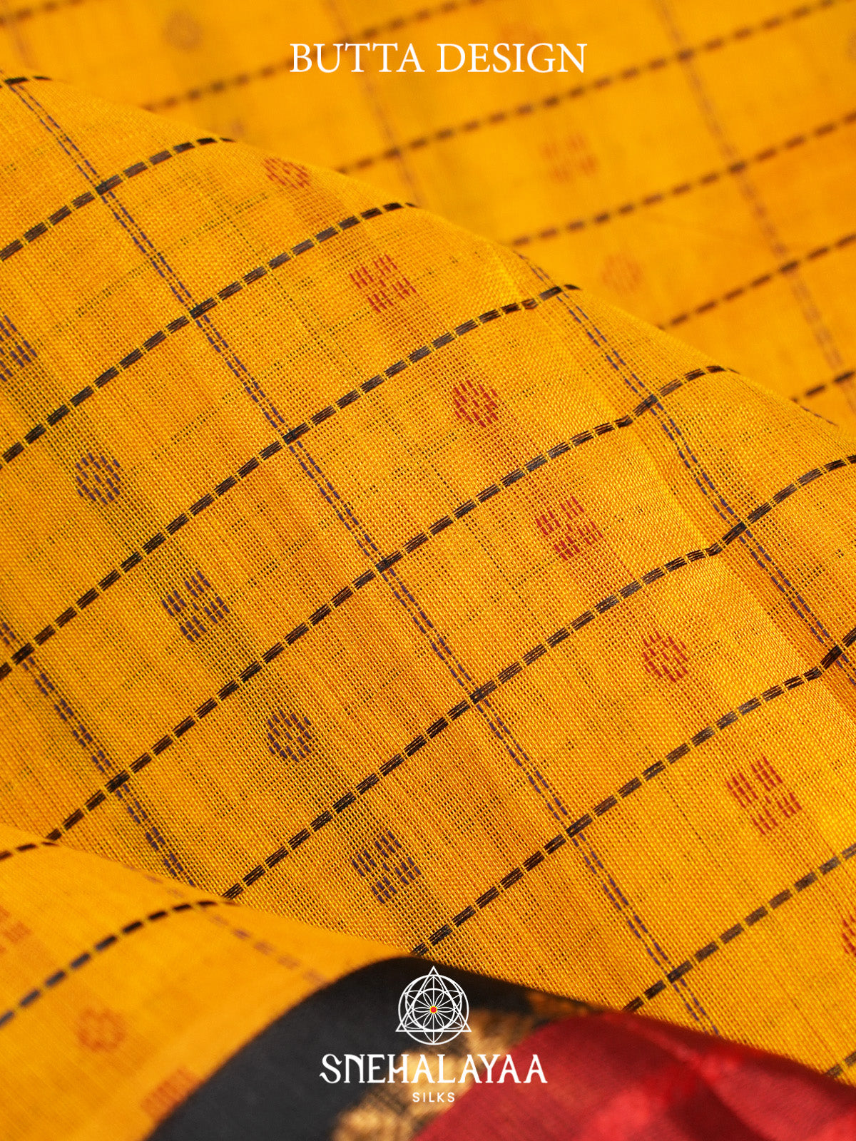 Mustard Yellow Checks Silk Cotton Saree with Black and Red Border