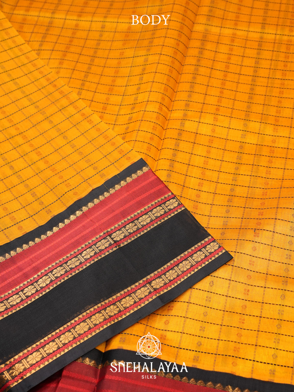 Mustard Yellow Checks Silk Cotton Saree with Black and Red Border