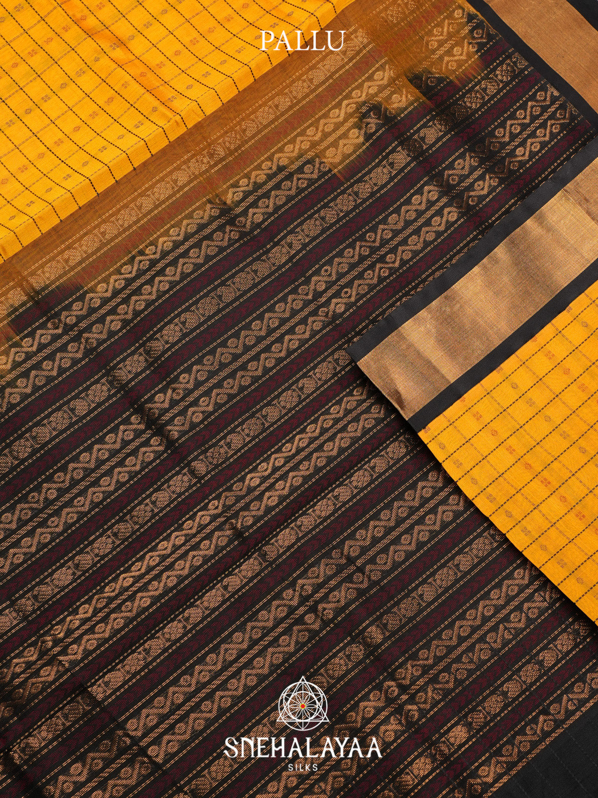 Mustard Yellow Checks Silk Cotton Saree with Black and Red Border