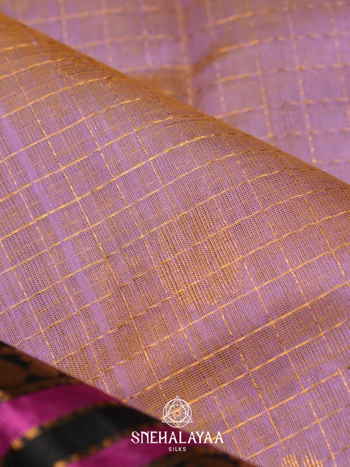 Lavender Checks Silk Cotton Saree with Black and Magenta Border