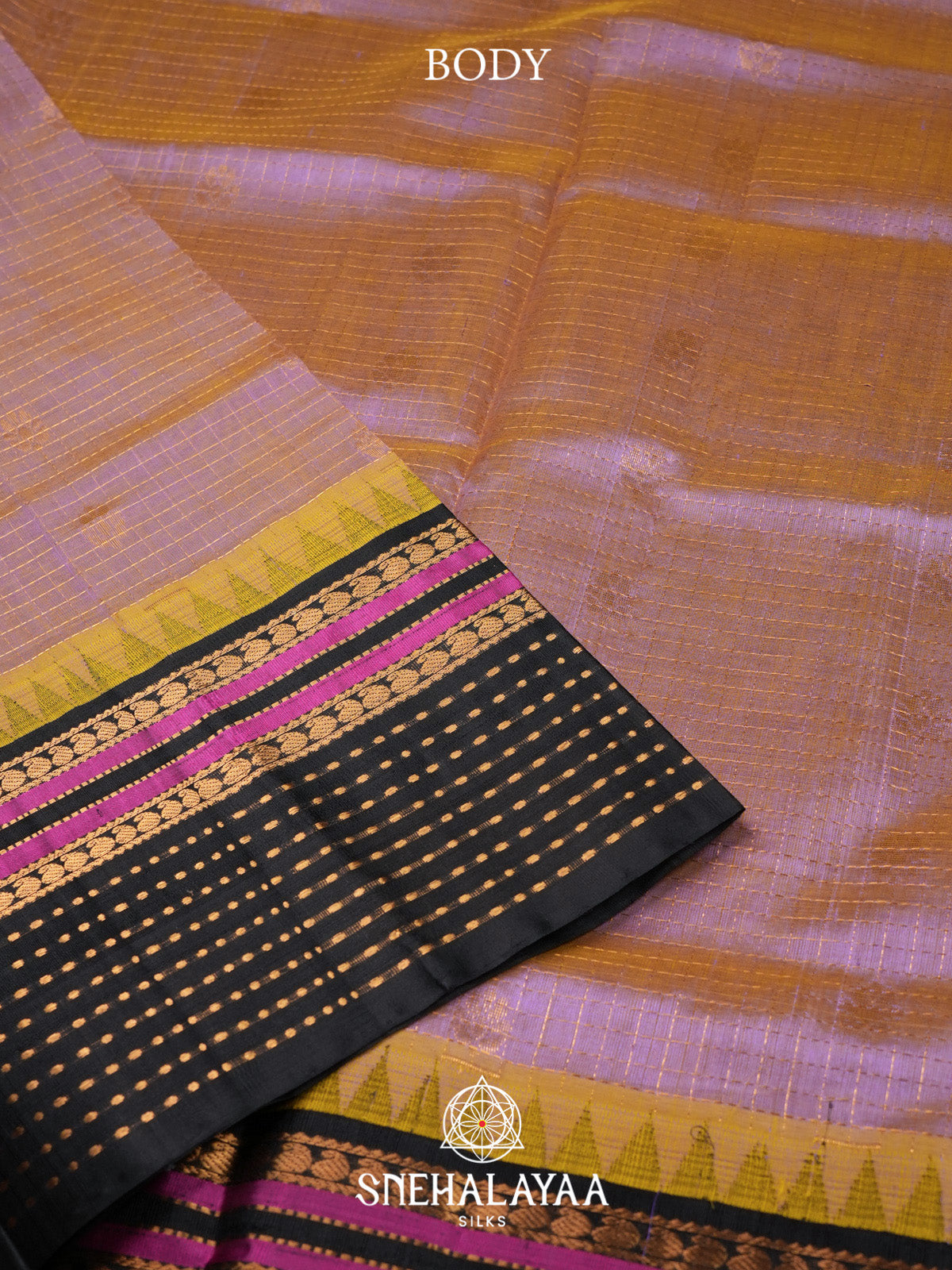 Lavender Checks Silk Cotton Saree with Black and Magenta Border