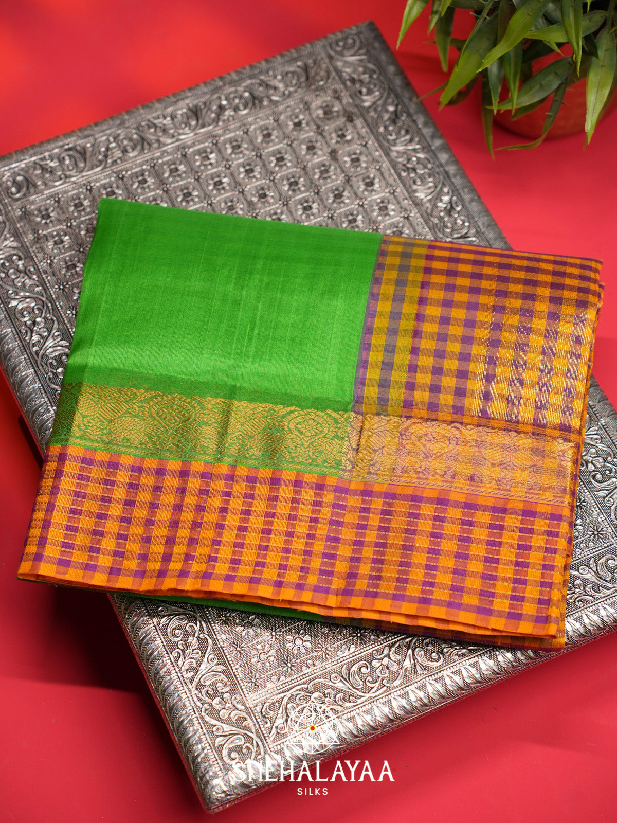 Parrot Green Silk Cotton Saree with Multicolor Checks Gold Zari Border