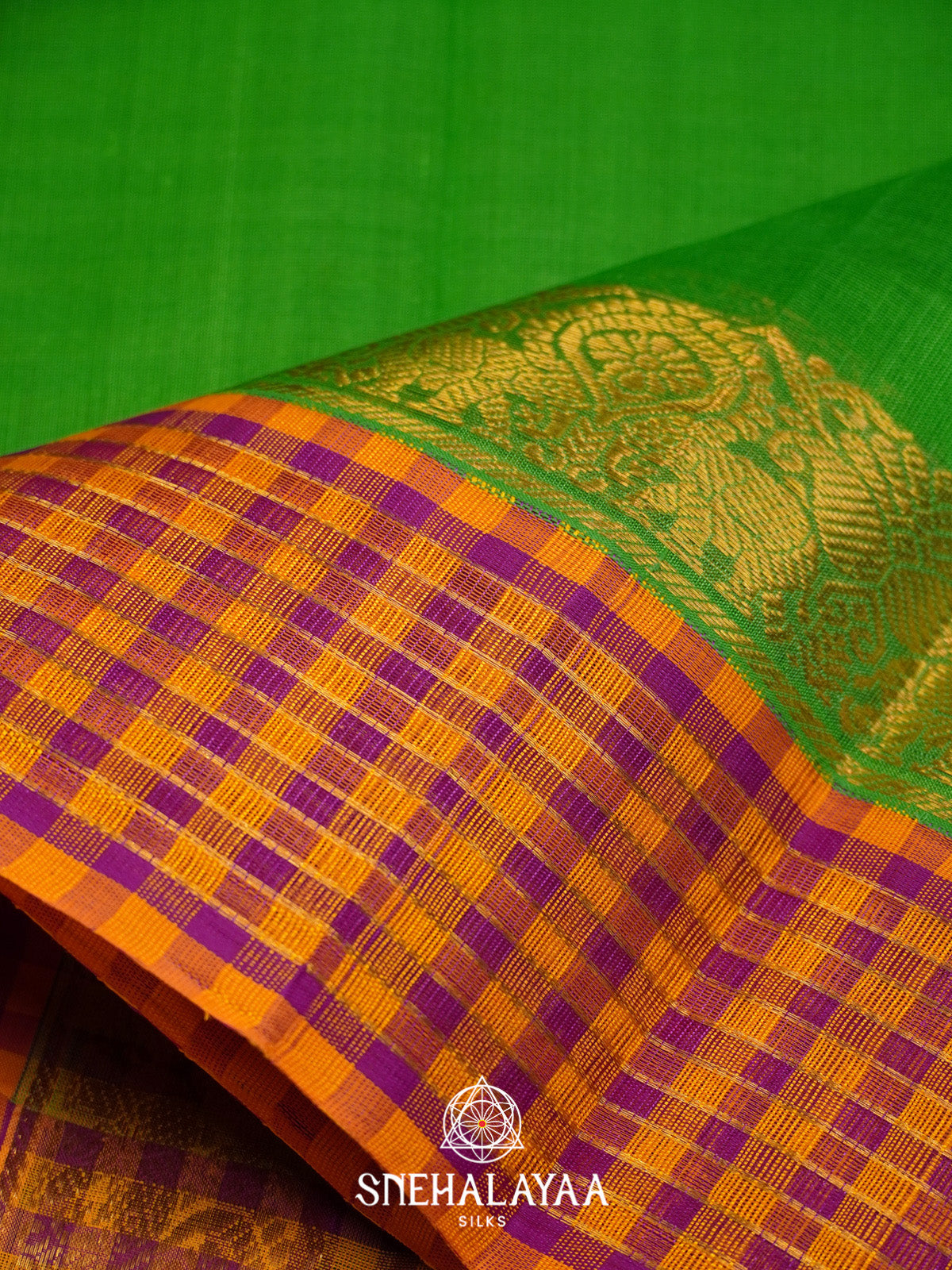 Parrot Green Silk Cotton Saree with Multicolor Checks Gold Zari Border