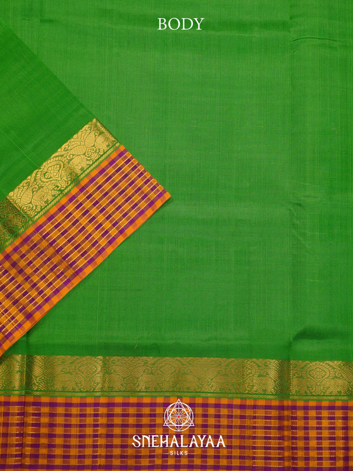 Parrot Green Silk Cotton Saree with Multicolor Checks Gold Zari Border