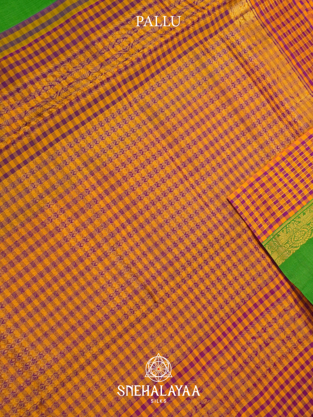 Parrot Green Silk Cotton Saree with Multicolor Checks Gold Zari Border