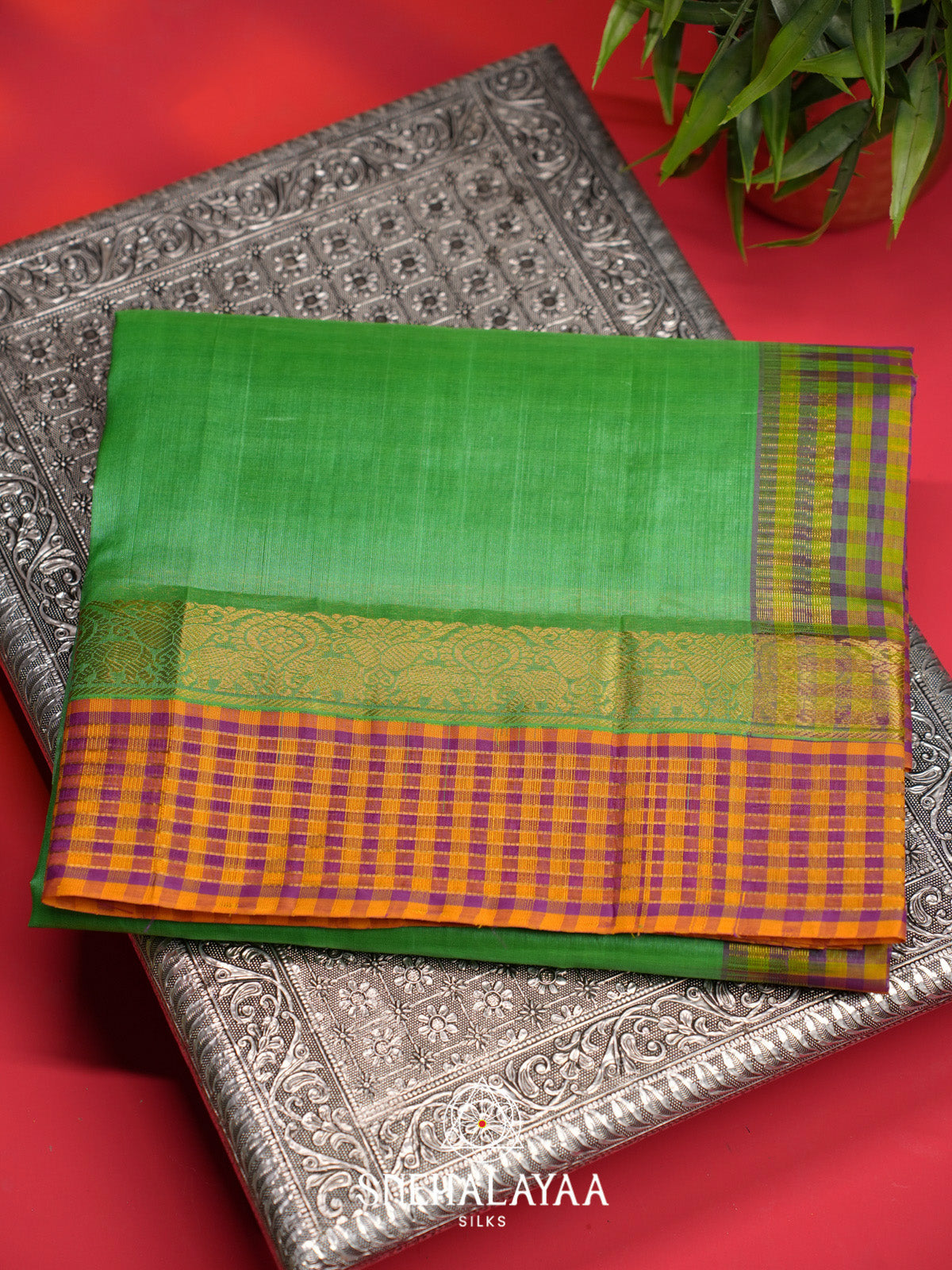 Emerald Green Silk Cotton Saree with Multicolor Checks Gold Zari Border