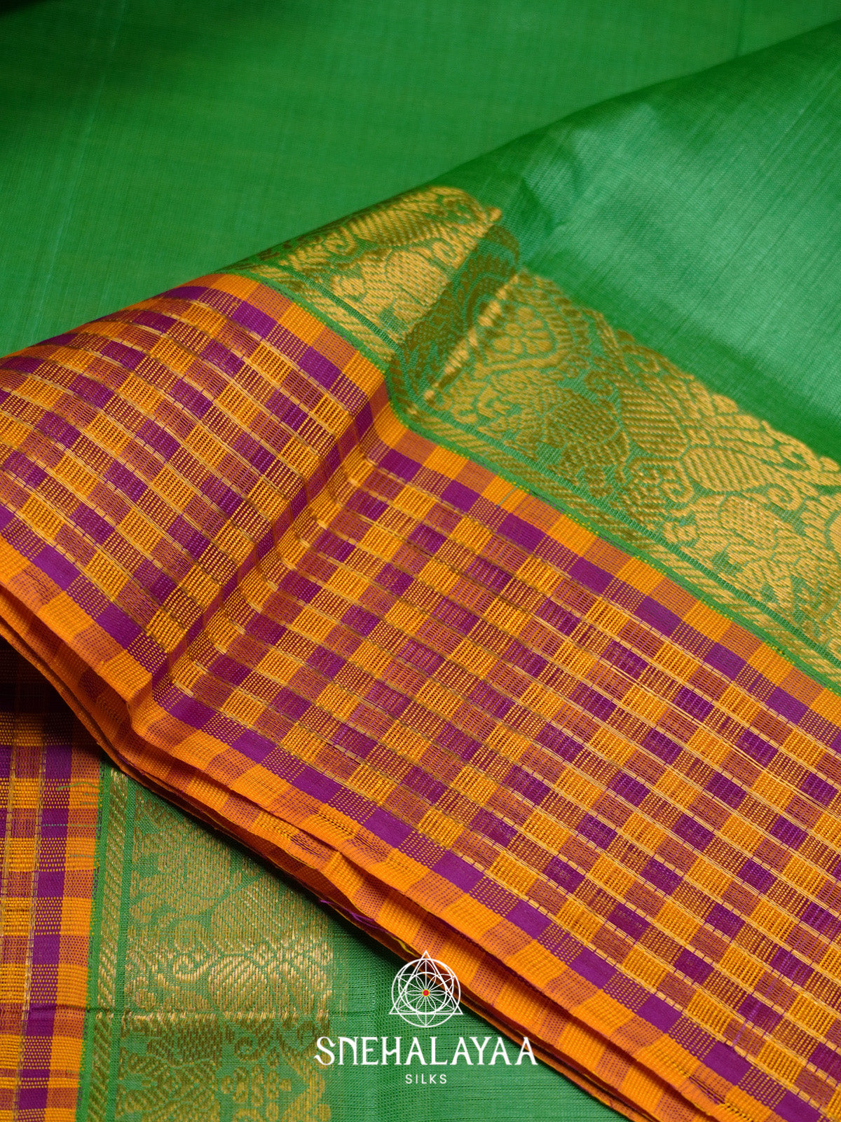 Emerald Green Silk Cotton Saree with Multicolor Checks Gold Zari Border