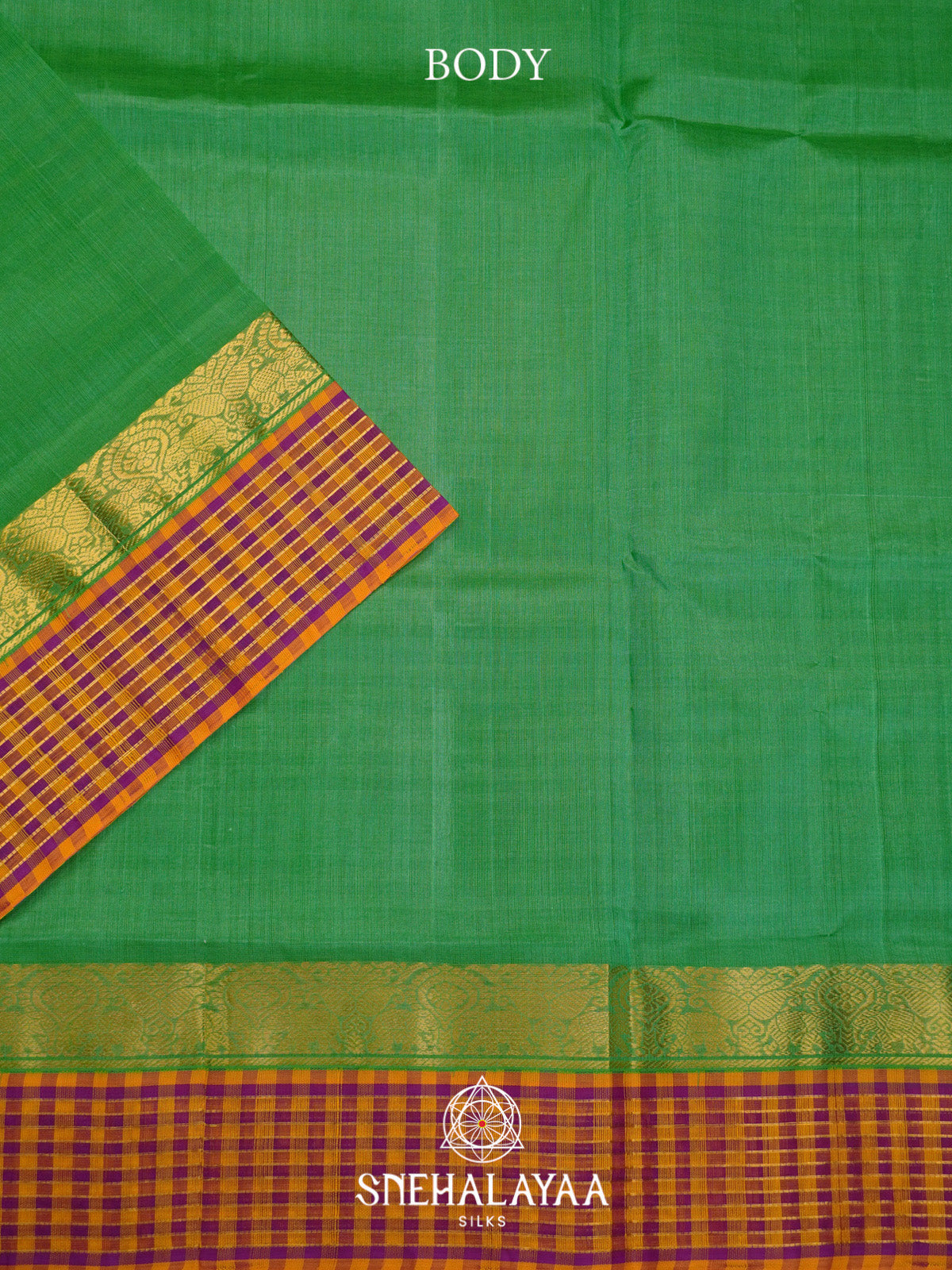 Emerald Green Silk Cotton Saree with Multicolor Checks Gold Zari Border