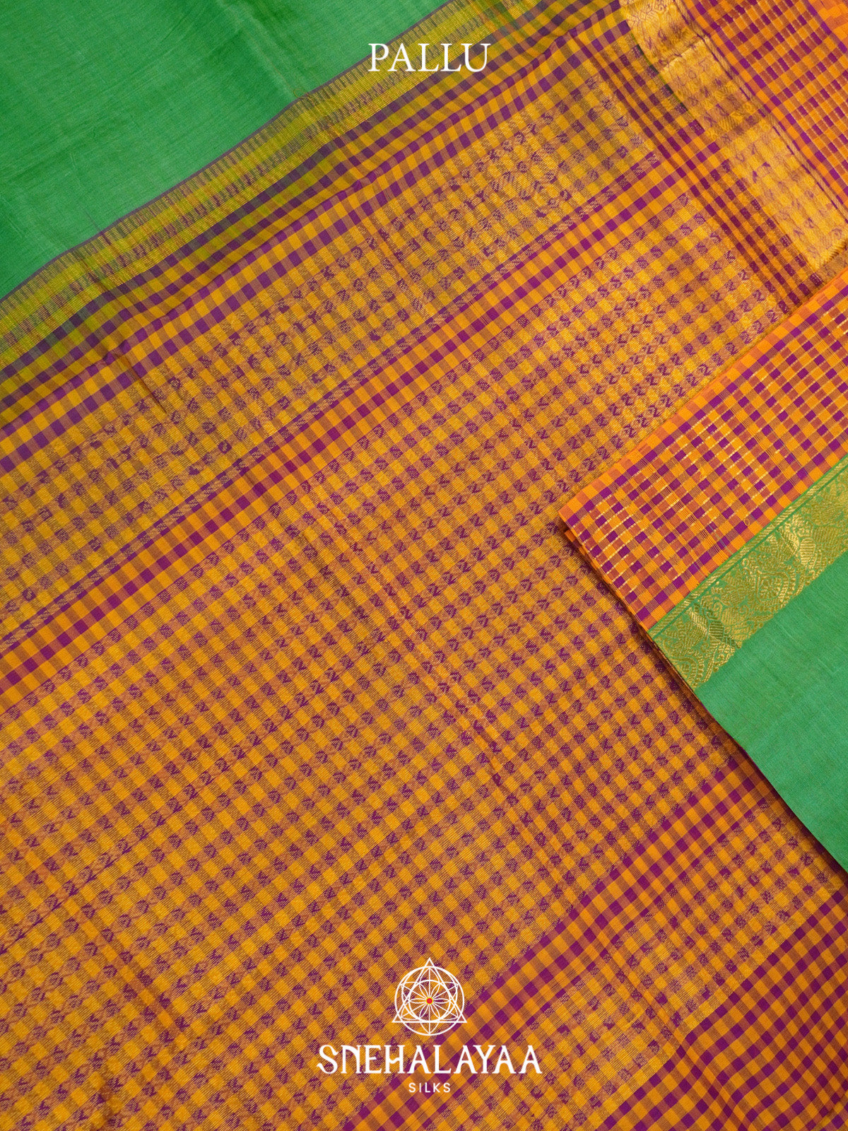 Emerald Green Silk Cotton Saree with Multicolor Checks Gold Zari Border