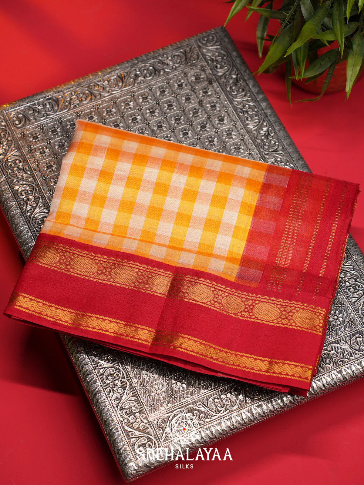 Orange and White Checks Silk Cotton Saree with Red Gold Zari Border