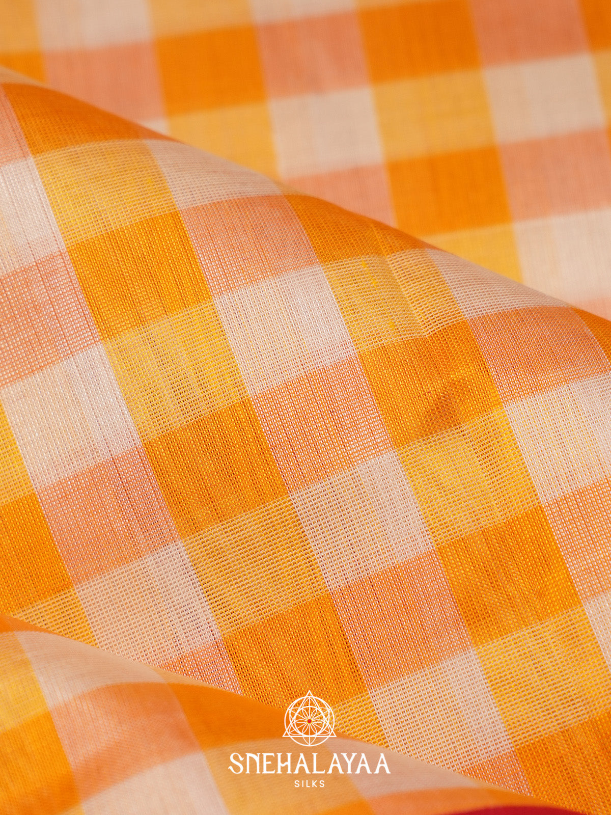 Orange and White Checks Silk Cotton Saree with Red Gold Zari Border