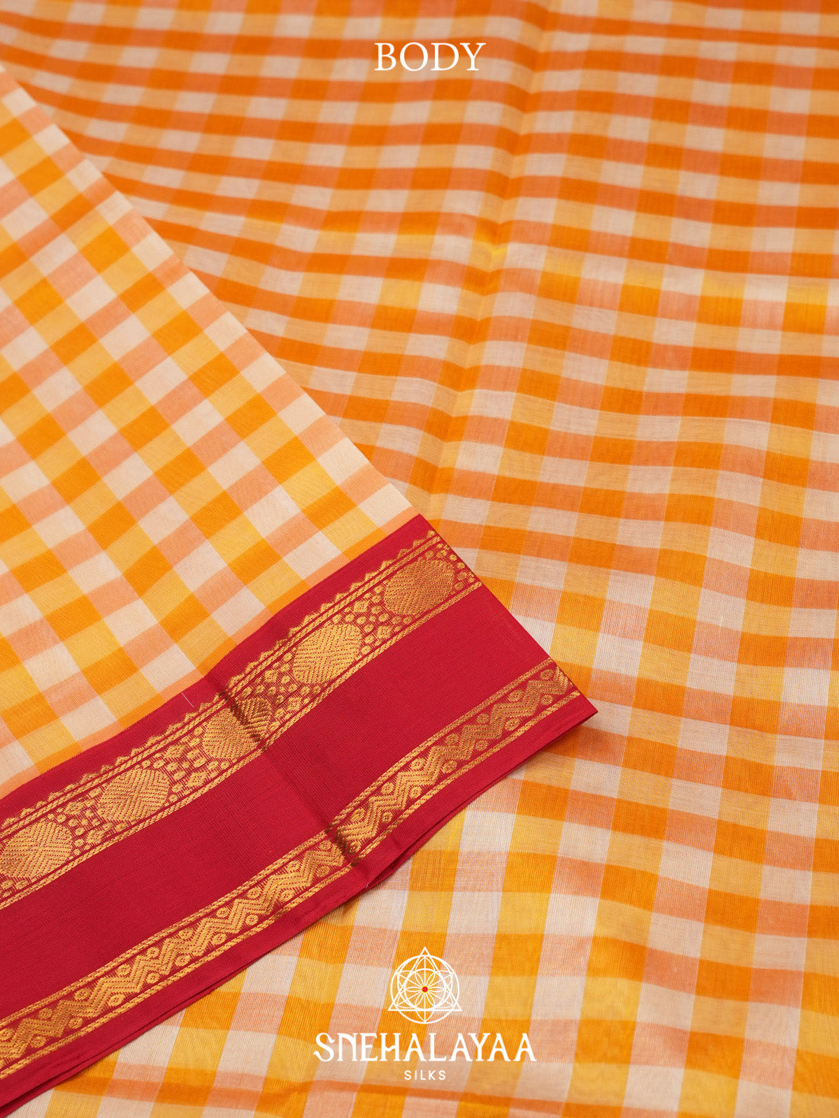 Orange and White Checks Silk Cotton Saree with Red Gold Zari Border