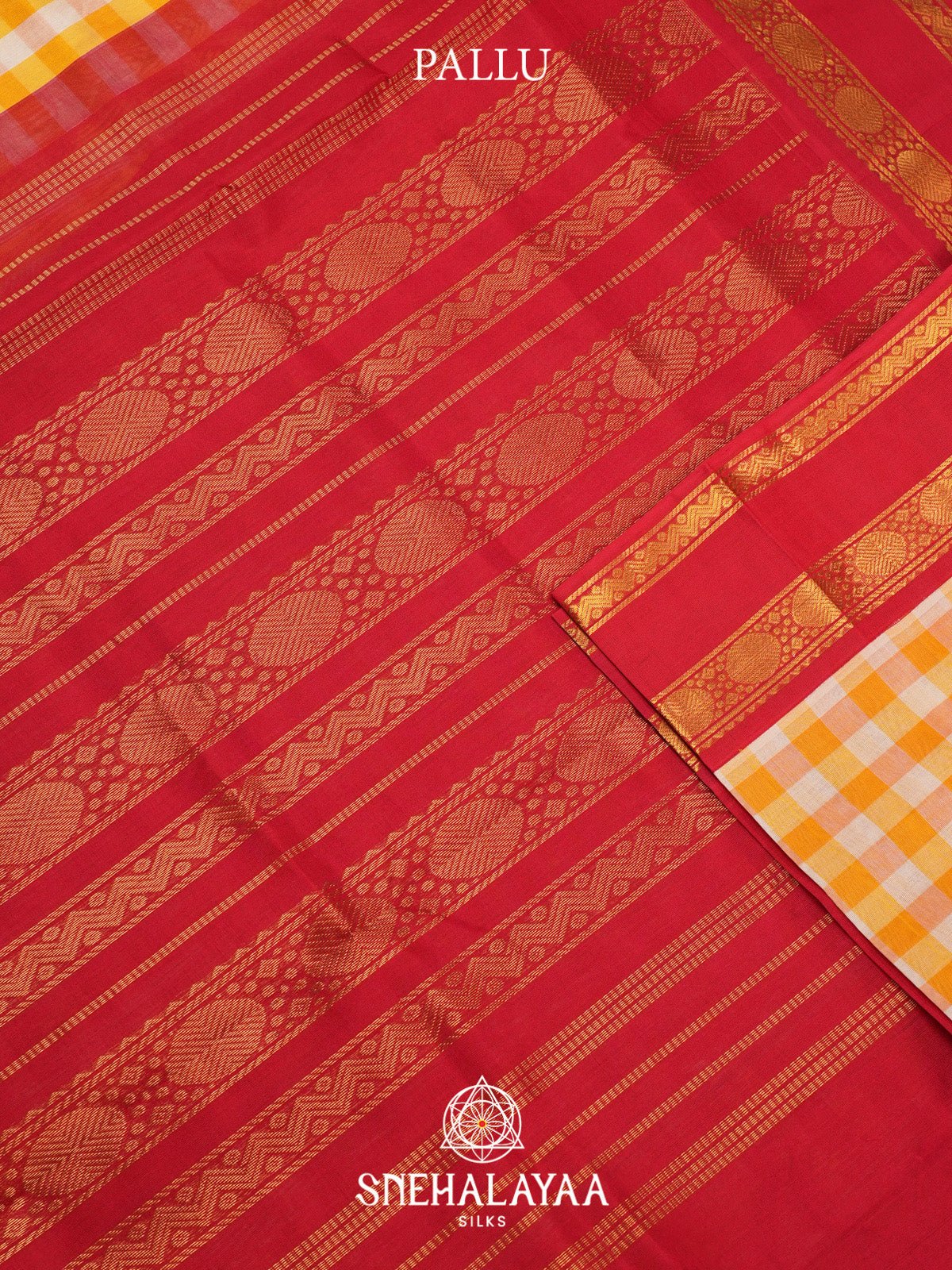 Orange and White Checks Silk Cotton Saree with Red Gold Zari Border