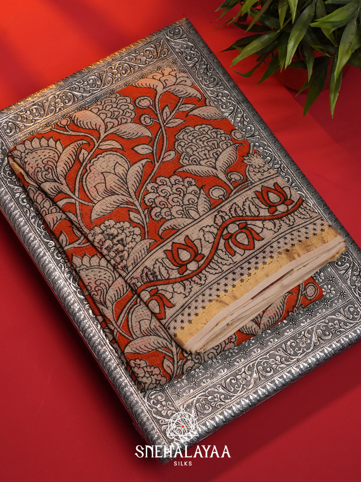 Orange Kota Saree with Kalamkari Prints