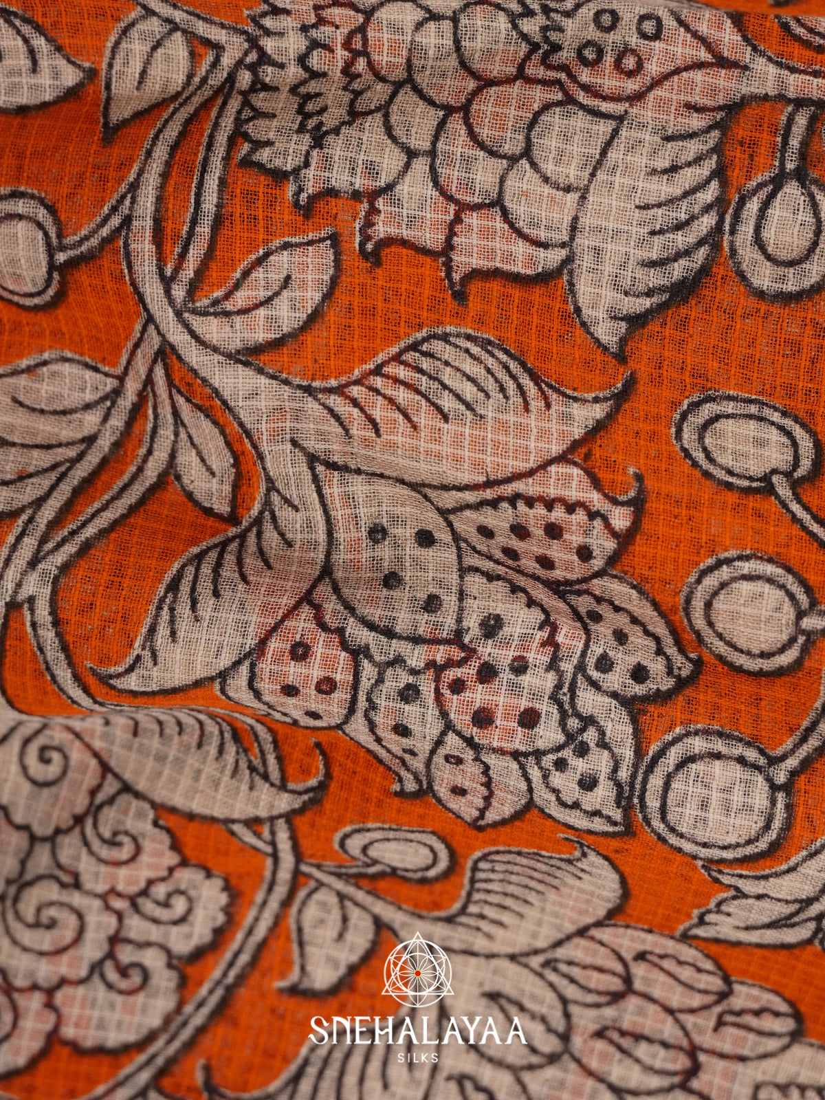 Orange Kota Saree with Kalamkari Prints