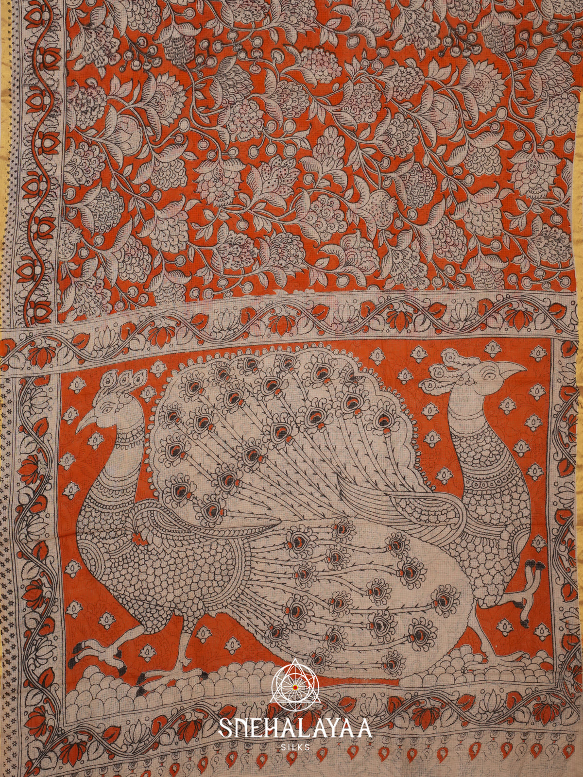 Orange Kota Saree with Kalamkari Prints