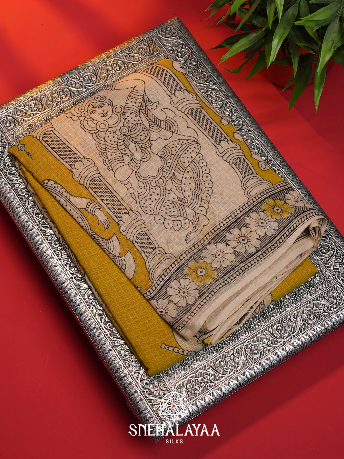 Lime Green Kota Saree with Kalamkari Prints