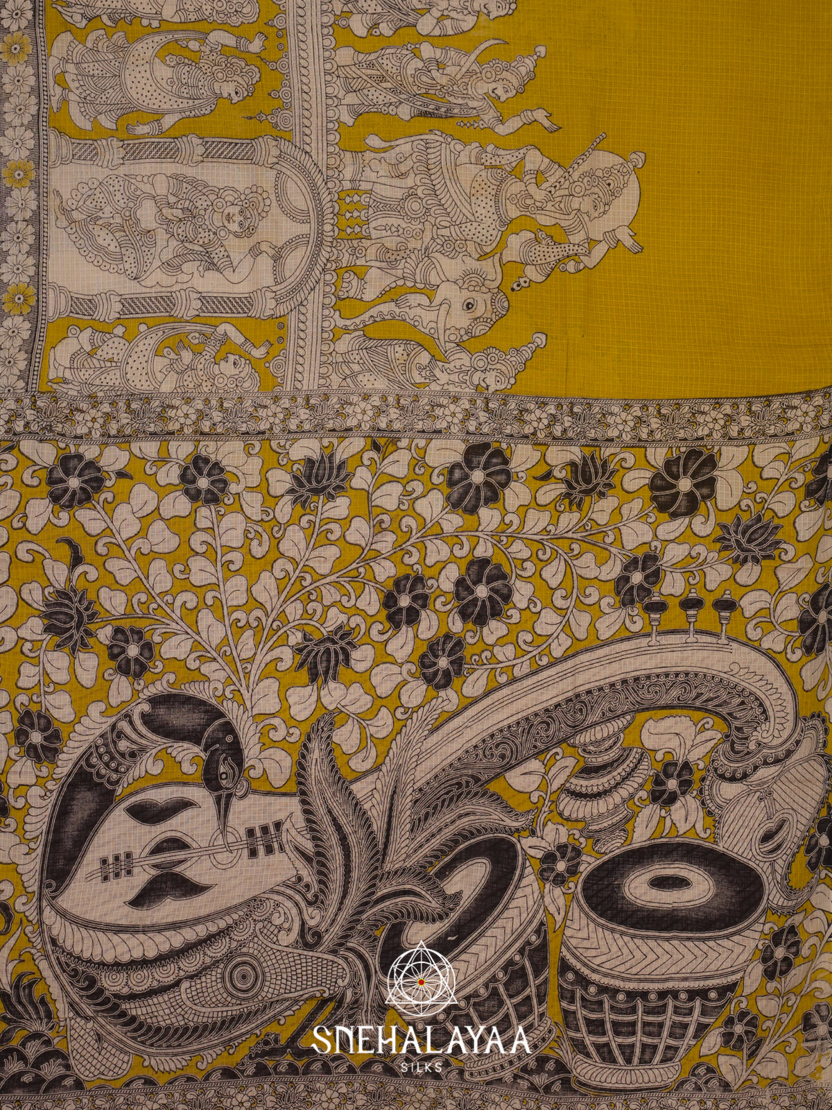 Lime Green Kota Saree with Kalamkari Prints