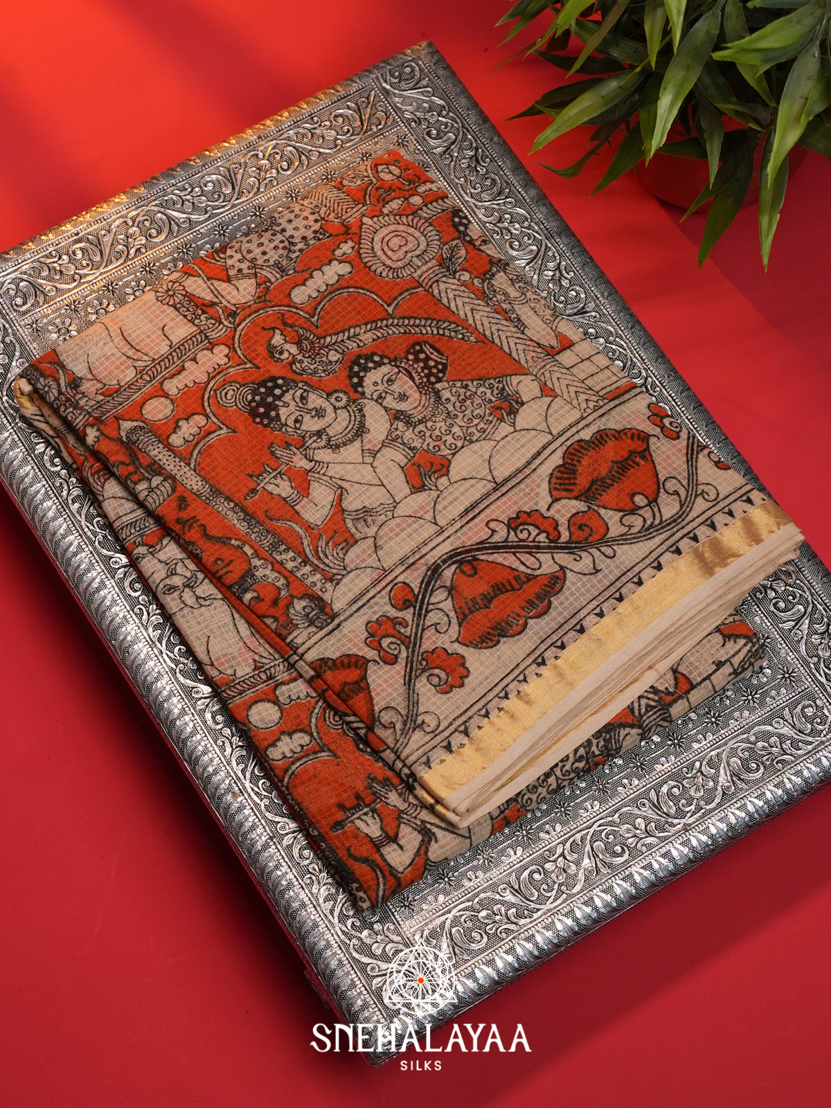 Orange Kota Saree with Kalamkari Prints