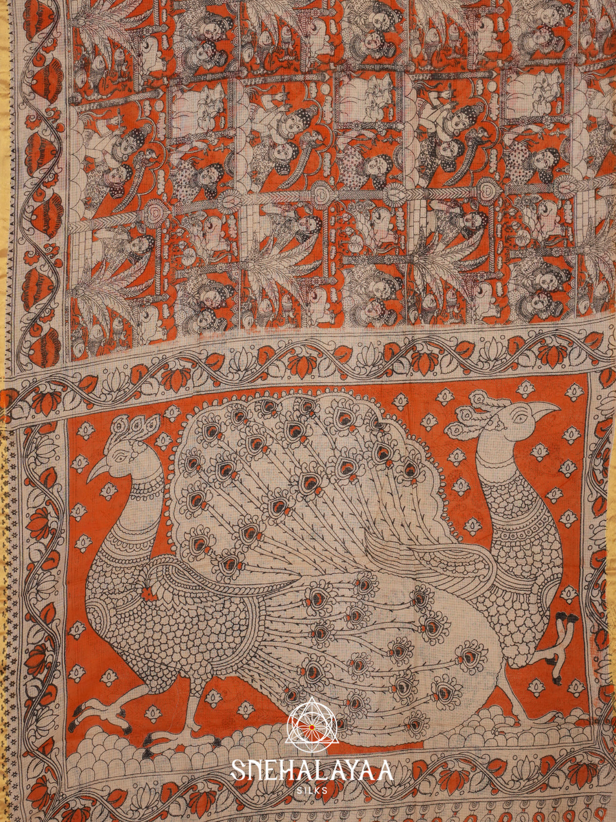 Orange Kota Saree with Kalamkari Prints