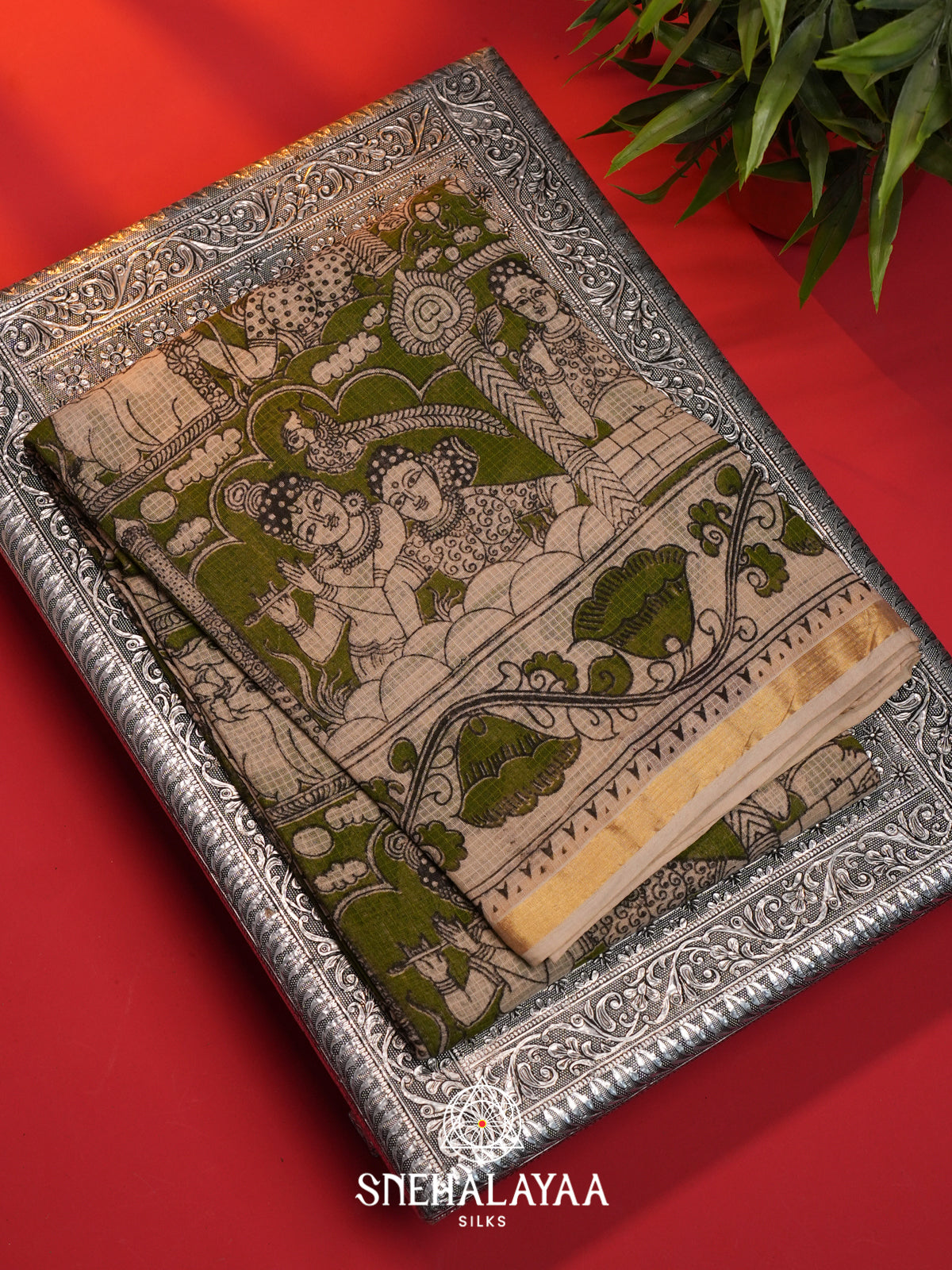 Olive Green Kota Saree with Kalamkari Prints