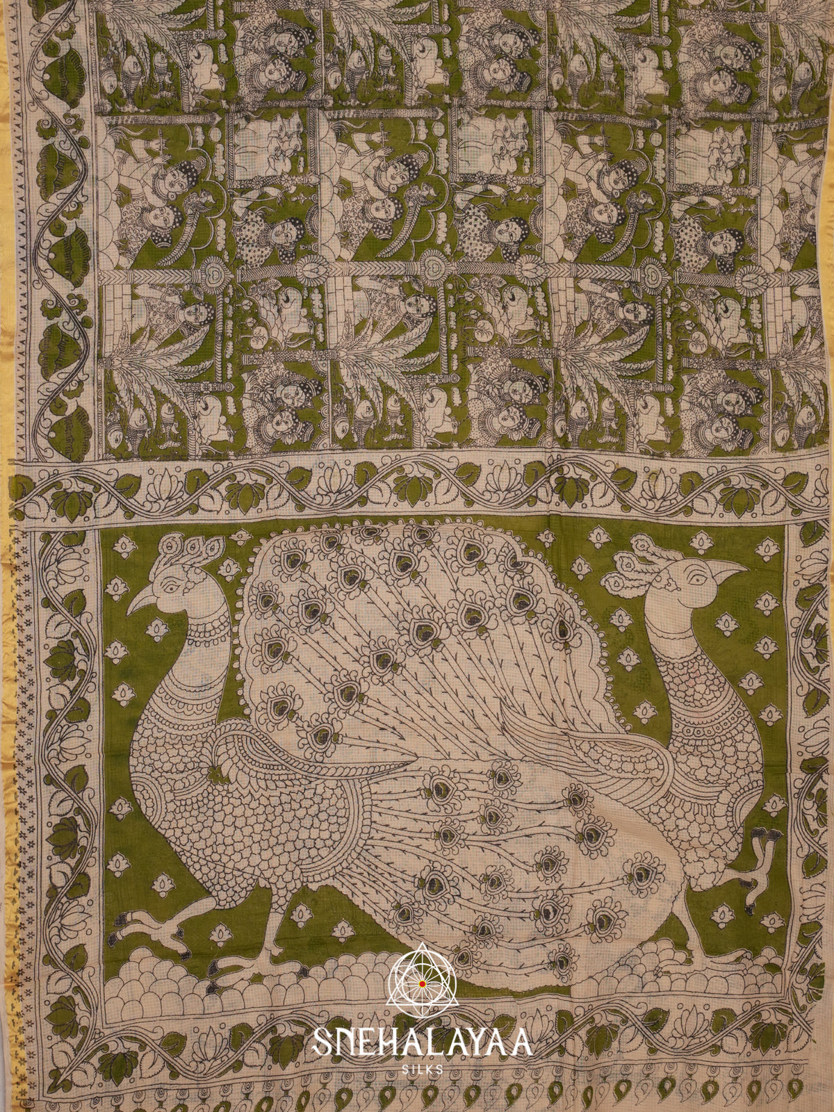 Olive Green Kota Saree with Kalamkari Prints