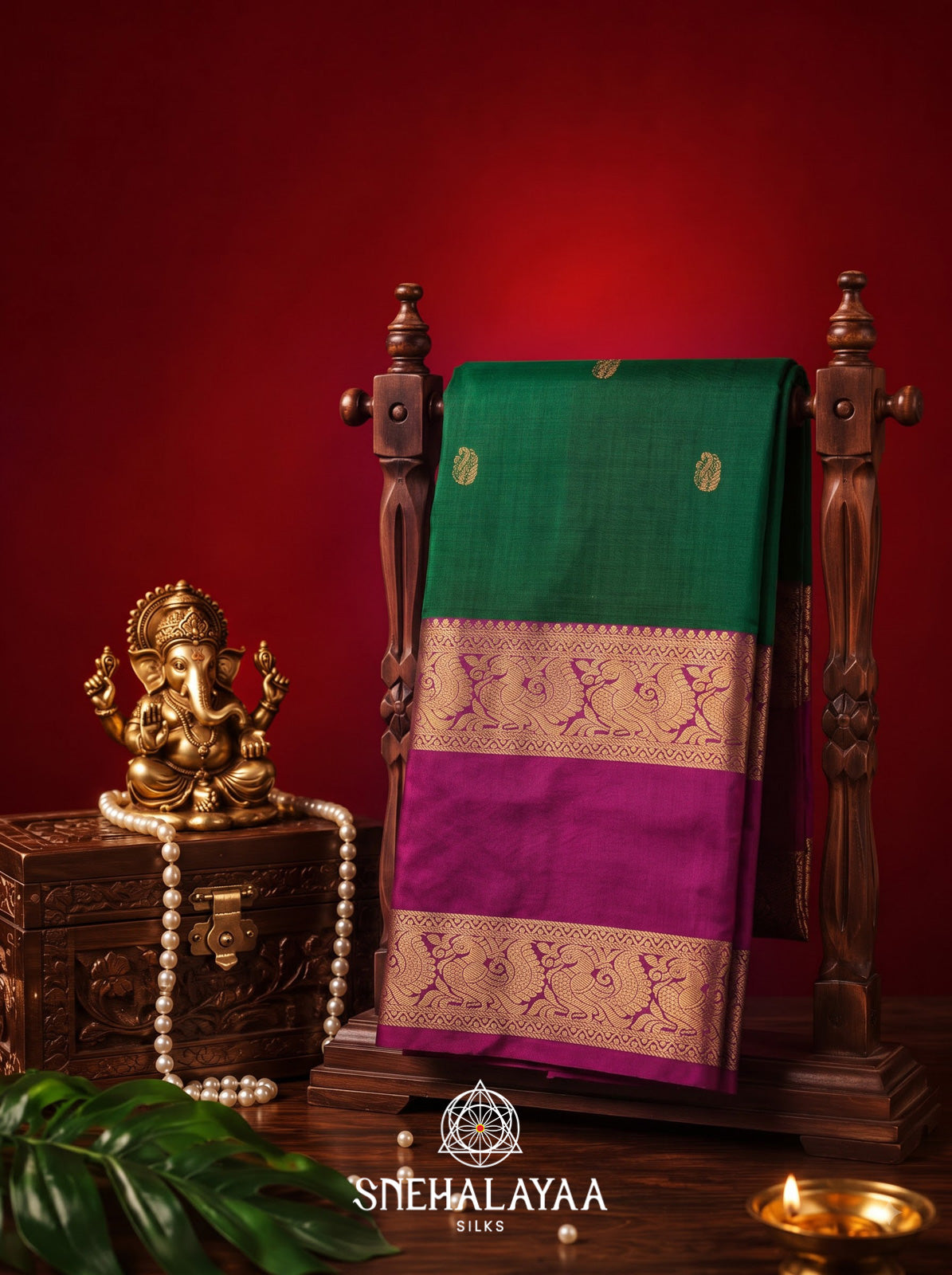 Emerald Green Kanjivaram Silk Saree with Magenta Zari Border