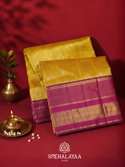 Mustard Yellow Kanjivaram Silk Saree with Zari Buttas and Magenta Zari Border