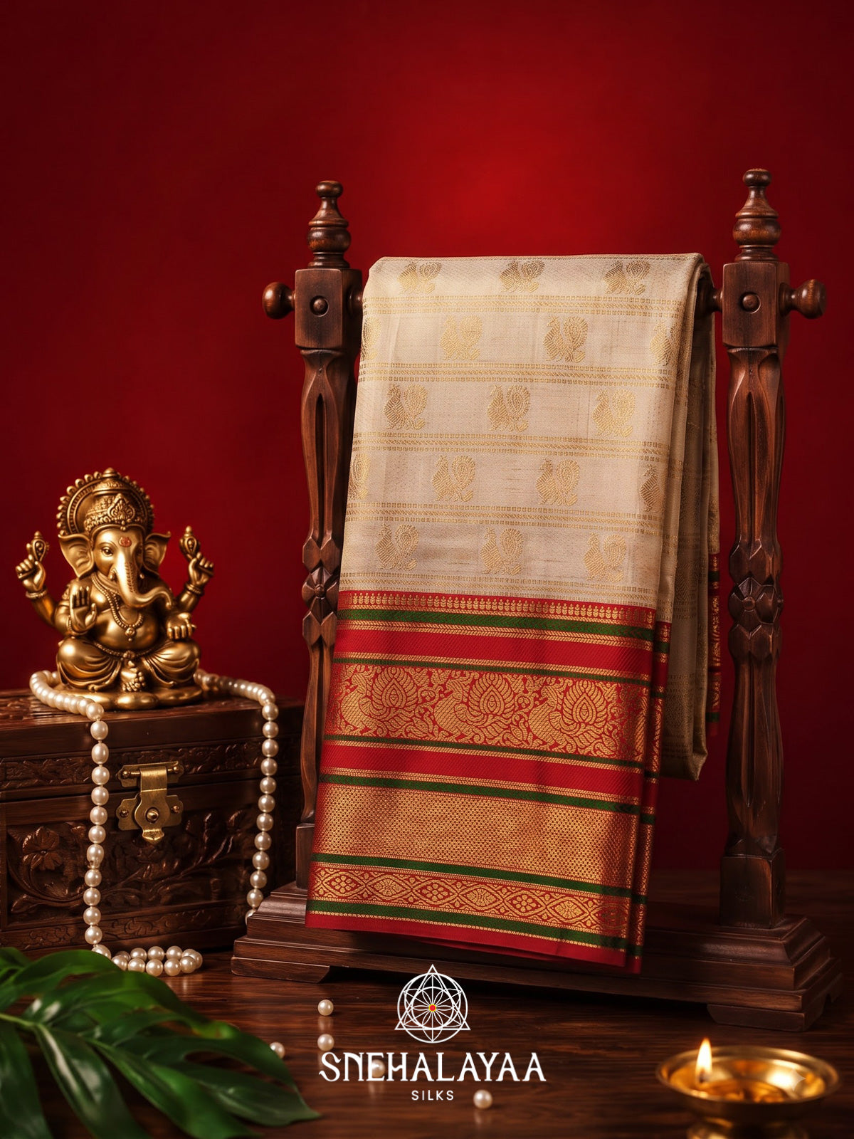 Cream Kanjivaram Silk Saree with Red Zari Border