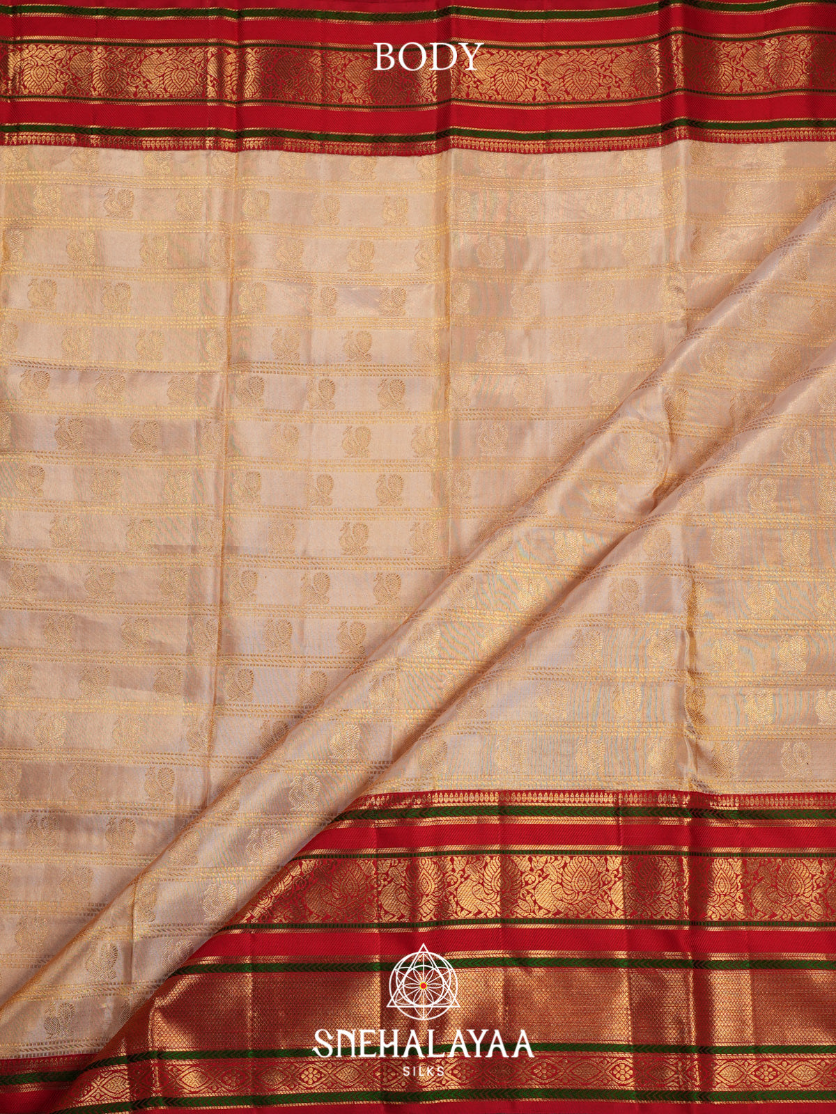 Cream Kanjivaram Silk Saree with Red Zari Border