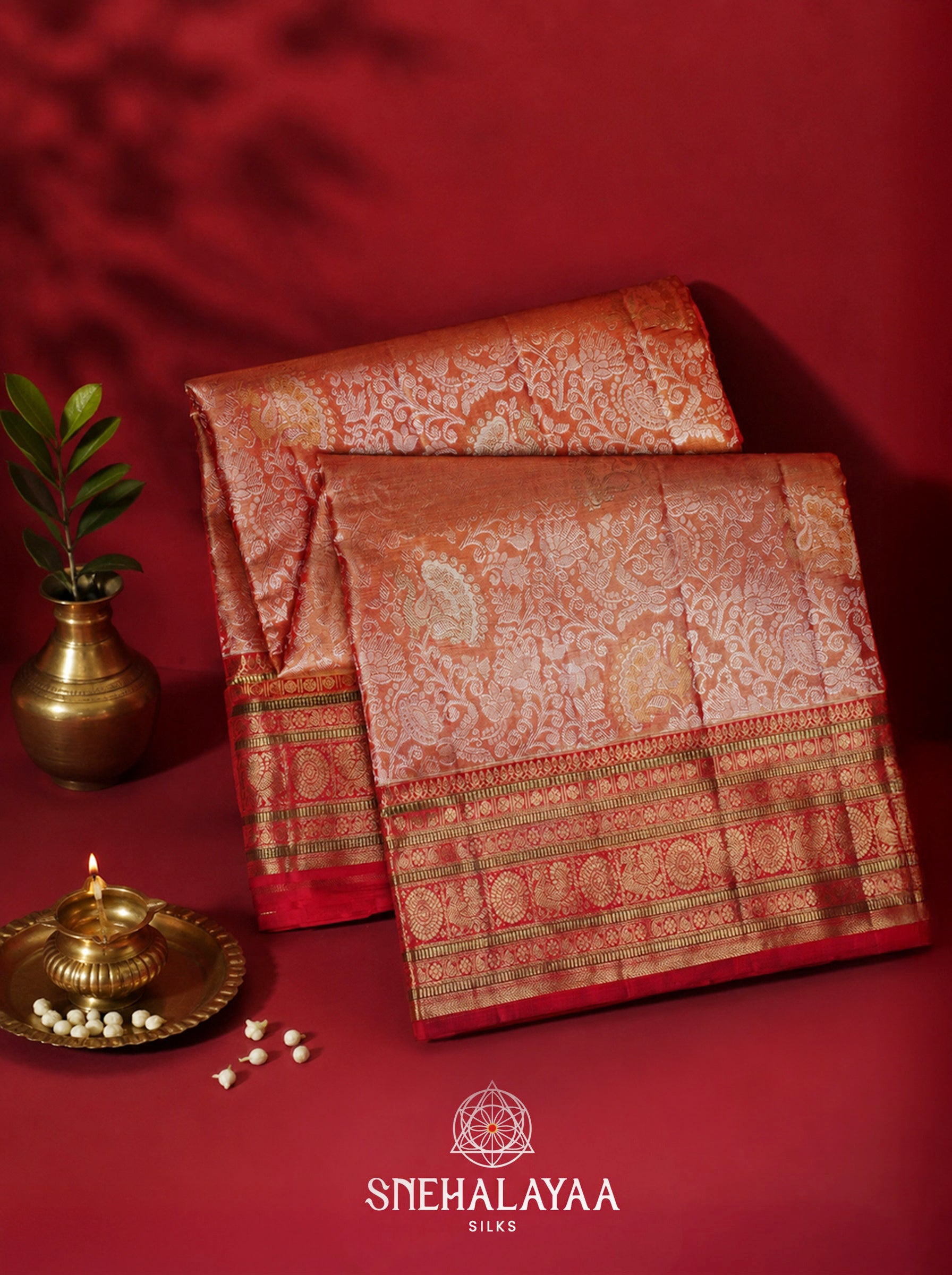 Peach Orange Kanjivaram Silk Saree with Silver Zari Floral Jaal and Red Zari Border
