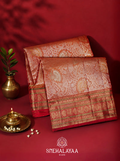 Peach Orange Kanjivaram Silk Saree with Silver Zari Floral Jaal and Red Zari Border