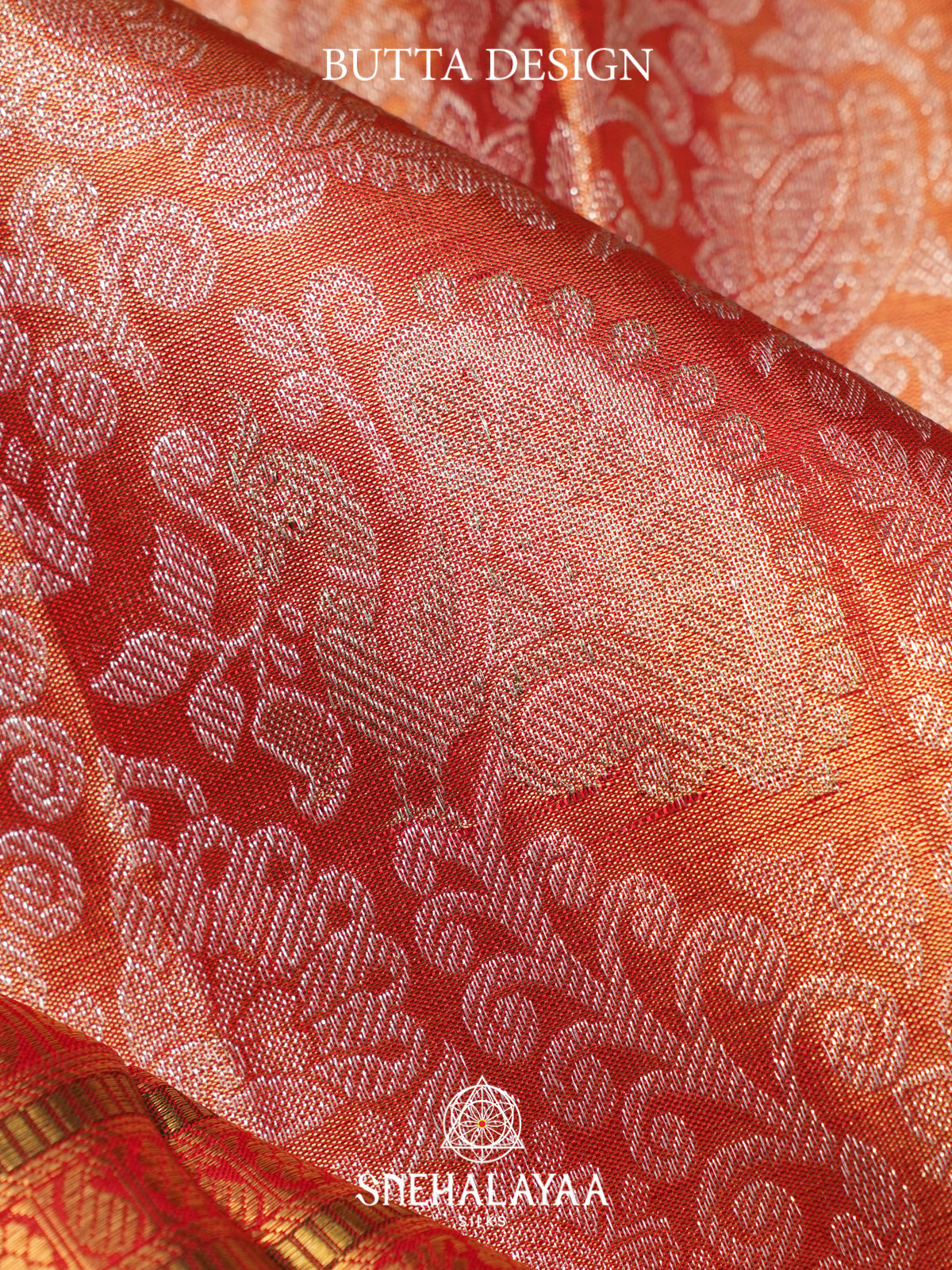 Peach Orange Kanjivaram Silk Saree with Silver Zari Floral Jaal and Red Zari Border