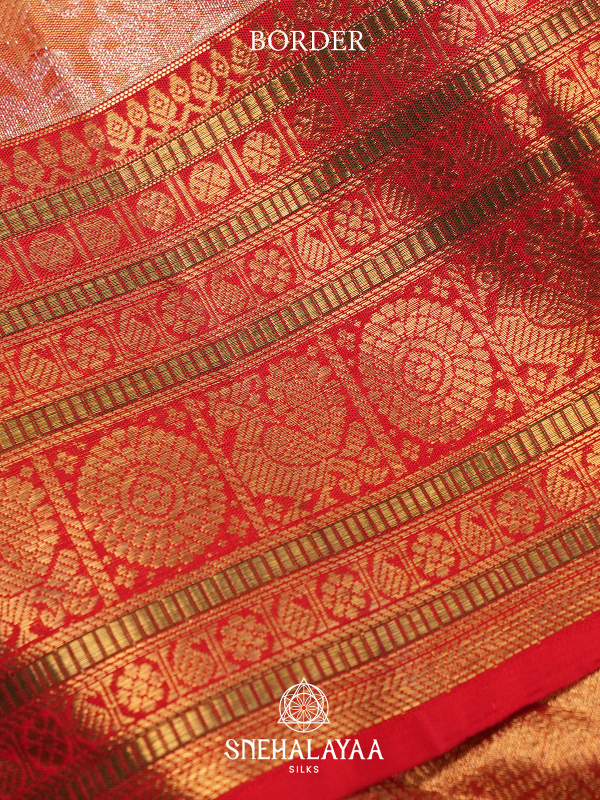 Peach Orange Kanjivaram Silk Saree with Silver Zari Floral Jaal and Red Zari Border
