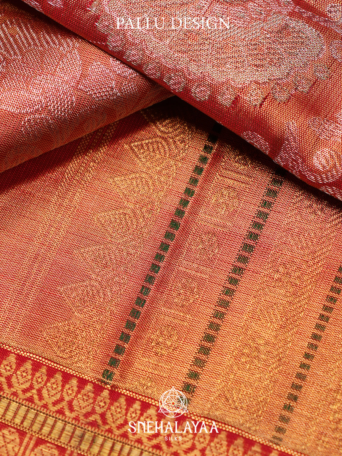 Peach Orange Kanjivaram Silk Saree with Silver Zari Floral Jaal and Red Zari Border