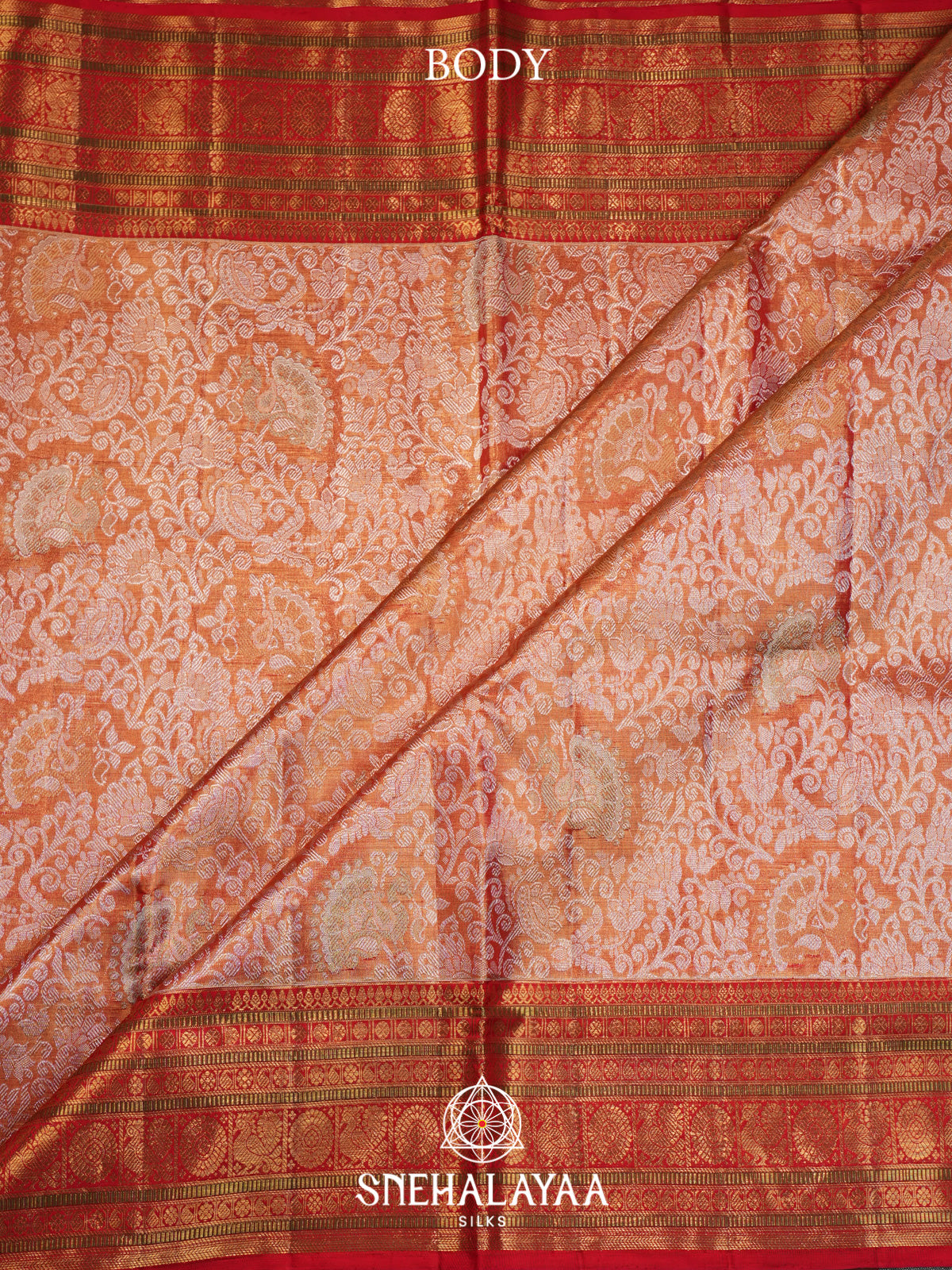 Peach Orange Kanjivaram Silk Saree with Silver Zari Floral Jaal and Red Zari Border