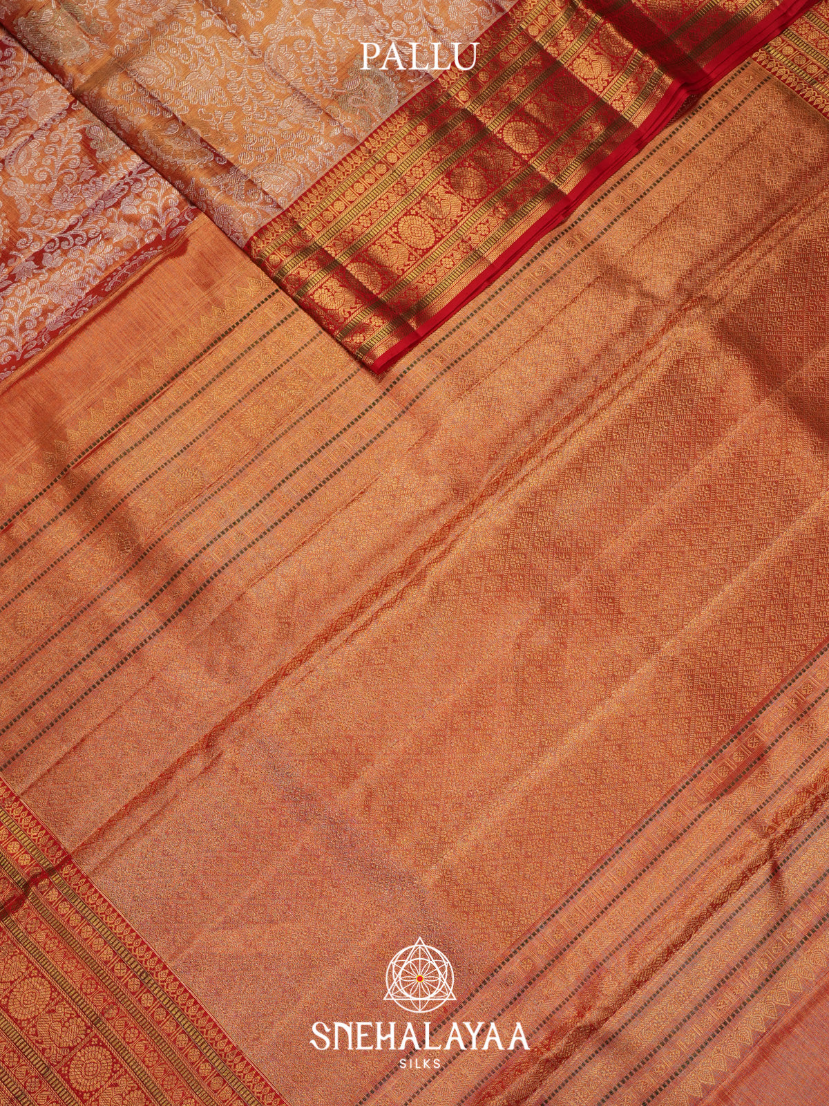 Peach Orange Kanjivaram Silk Saree with Silver Zari Floral Jaal and Red Zari Border
