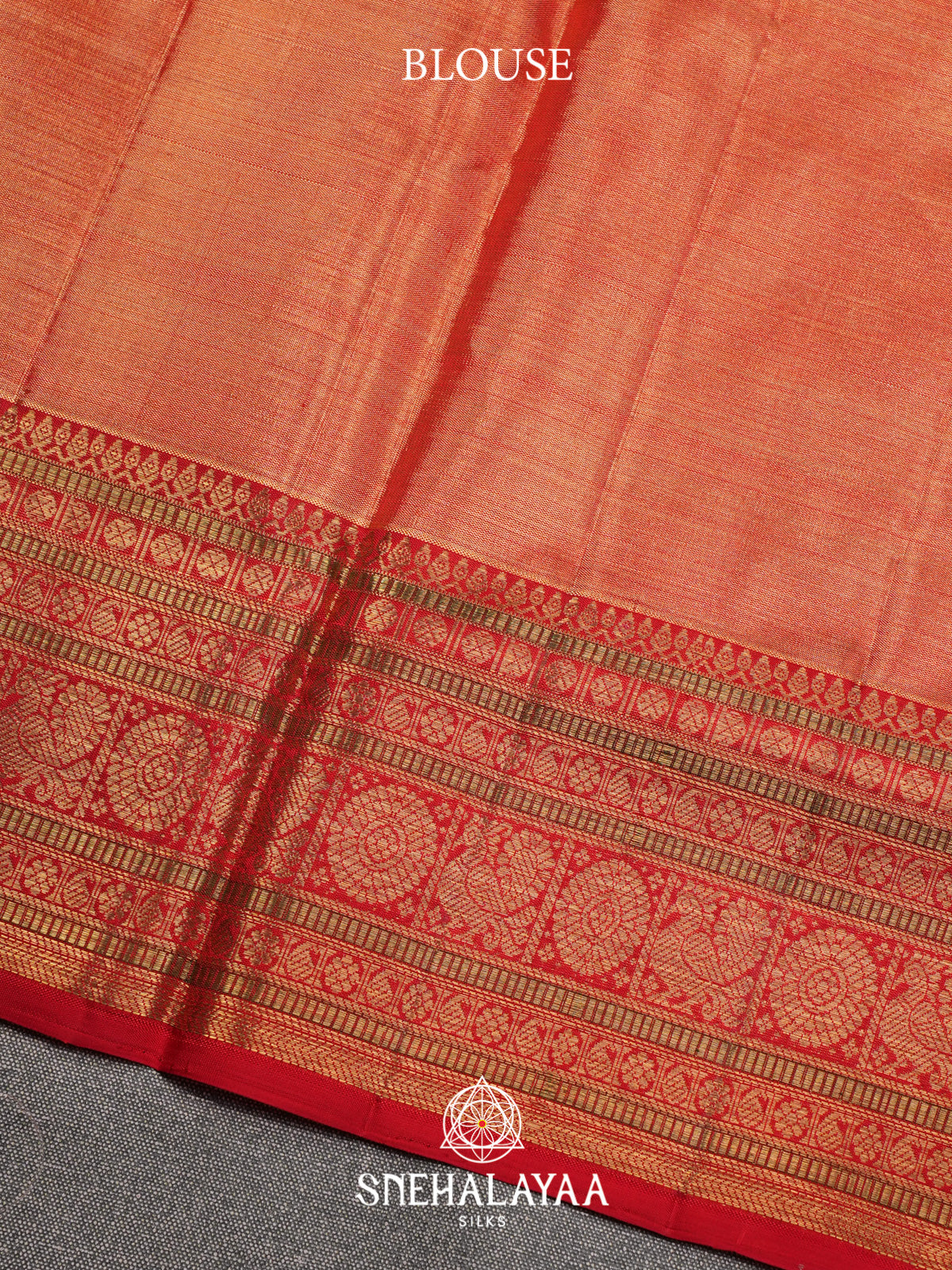 Peach Orange Kanjivaram Silk Saree with Silver Zari Floral Jaal and Red Zari Border