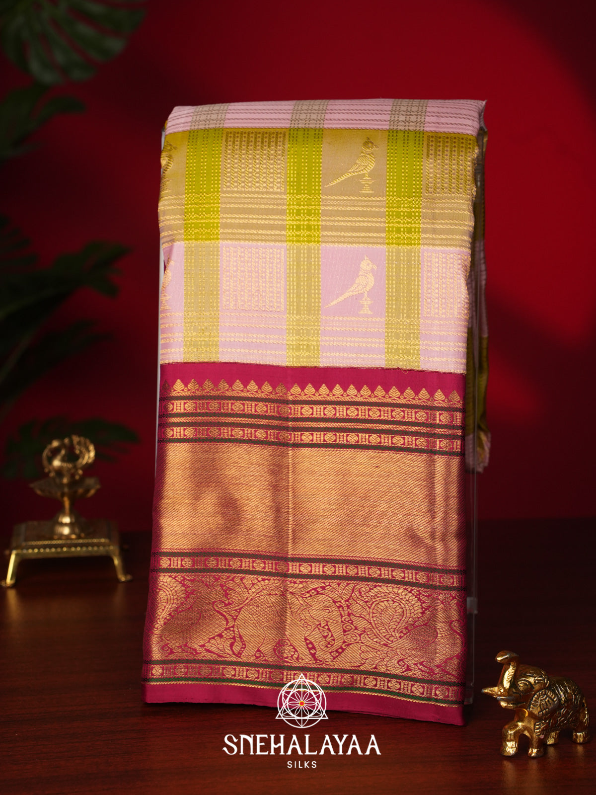 Pastel Pink and Lime Green Checked Kanjivaram Silk Saree with Rani Pink Peacock Zari Border